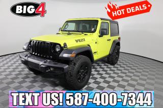 Our 2022 Jeep Wrangler Willys Sport 2 Door 4X4 is here to add wild style to legendary capability in High Velocity! Powered by a 3.6 Litre Pentastar V6 that delivers 285hp matched to a 6 Speed Manual transmission. This Four Wheel Drive SUV also has significant advantages for adventure, including a Trac-Lok limited-slip rear differential and heavy-duty shocks, and it scores approximately 9.4L/100km on the highway. Easy to recognize, our Wrangler has a revved-up look with a bold Willys hood graphic, a black grille, fog lamps, rock rails, skid plates, and black alloy wheels.

Youll find plenty of room to help you roam free in our Willys Sport cabin with comfortable cloth seats, a multifunction steering wheel, air conditioning, cruise control, pushbutton ignition, and intelligent technologies for improving your travel. Highlights include a sophisticated Uconnect infotainment system with a 7-inch touchscreen, Android Auto, Apple CarPlay, Bluetooth, voice command, and an eight-speaker sound system.

Jeep supports your safety with a backup camera, ABS, stability/traction control, hill-start assist, tire-pressure monitoring, advanced airbags, and more. Our Wrangler Willys Sport is ready for just about anything with you behind the wheel! Save this Page and Call for Availability. We Know You Will Enjoy Your Test Drive Towards Ownership!