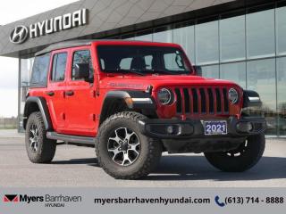 <b>Off-Road Suspension,  4G Wi-Fi,  Android Auto,  Apple CarPlay,  Navigation!</b><br> <br>  Compare at $50140 - Our Price is just $48680! <br> <br>   This Jeep Wrangler is the culmination of tireless innovation and extensive testing to built the ultimate off-road SUV! This  2021 Jeep Wrangler is for sale today in Ottawa. <br> <br>No matter where your next adventure takes you, this Jeep Wrangler is ready for the challenge. With advanced traction and handling capability, sophisticated safety features and ample ground clearance, the Wrangler is designed to climb up and crawl over the toughest terrain. Inside the cabin of this Wrangler offers supportive seats and comes loaded with the technology you expect while staying loyal to the style and design youve come to know and love.This  SUV has 41,409 kms. Its  red in colour  . It has an automatic transmission and is powered by a  270HP 2.0L 4 Cylinder Engine.  This unit has some remaining factory warranty for added peace of mind. <br> <br> Our Wranglers trim level is Rubicon Unlimited. This Rubicon is as tough as they come with aluminum wheels, red tow hooks, performance suspension, selectable locking differentials, more skid plates, heavy duty shocks, off road suspension, black exterior accents, remote keyless entry, voice activated air conditioning, Rubicon logo on seats, navigation, off road information pages, and wi-fi. It also comes with Uconnect4, voice activation, Android Auto, Apple CarPlay, Trail Rated badge, and a rear view camera. This vehicle has been upgraded with the following features: Off-road Suspension,  4g Wi-fi,  Android Auto,  Apple Carplay,  Navigation,  4g Wi-fi,  Fog Lamps. <br> To view the original window sticker for this vehicle view this <a href=http://www.chrysler.com/hostd/windowsticker/getWindowStickerPdf.do?vin=1C4HJXFN3MW579113 target=_blank>http://www.chrysler.com/hostd/windowsticker/getWindowStickerPdf.do?vin=1C4HJXFN3MW579113</a>. <br/><br> <br/><br> Buy this vehicle now for the lowest bi-weekly payment of <b>$343.58</b> with $0 down for 84 months @ 6.99% APR O.A.C. ( Plus applicable taxes -  & fees   ).  See dealer for details. <br> <br>*LIFETIME ENGINE TRANSMISSION WARRANTY NOT AVAILABLE ON VEHICLES WITH KMS EXCEEDING 140,000KM, VEHICLES 8 YEARS & OLDER, OR HIGHLINE BRAND VEHICLE(eg. BMW, INFINITI. CADILLAC, LEXUS...)<br> Come by and check out our fleet of 30+ used cars and trucks and 70+ new cars and trucks for sale in Ottawa.  o~o