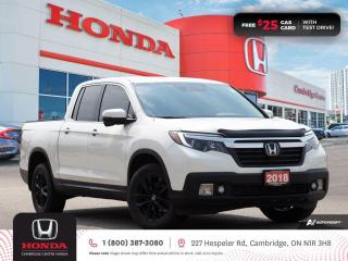 <p><strong>GREAT TRUCK! CLEAN CARFAX! TEST DRIVE TODAY! </strong>2018 Honda Ridgeline EX-L featuring six speed automatic transmission, five passenger seating, leather interior, multi-angle rearview camera with dynamic guidelines, heated seats, auto-on/off headlights, fog lights, Apple CarPlay and Android Auto connectivity, AM/FM touch screen stereo system, USB and auxiliary inputs, the Honda Sensing technologies. Adaptive Cruise Control, Forward Collision Warning system, Collision Mitigation Braking system, Lane Departure Warning system, Lane Keeping Assist system and Road Departure Mitigation system, Honda LaneWatch blind spot display, remote engine starter, proximity key entry, steering wheel mounted controls, cruise control, air conditioning, two 12V power outlets, dual climate zones, power and heated mirrors, power locks, remote keyless entry, power windows, tire pressure monitoring system, split fold rear seats, spacious cargo area, electronic stability control and anti-lock braking system. Contact Cambridge Centre Honda for special discounted finance rates, as low as 8.99%, on approved credit from Honda Financial Services.</p>

<p><span style=color:#ff0000><strong>FREE $25 GAS CARD WITH TEST DRIVE!</strong></span></p>

<p>Our philosophy is simple. We believe that buying and owning a car should be easy, enjoyable and transparent. Welcome to the Cambridge Centre Honda Family! Cambridge Centre Honda proudly serves customers from Cambridge, Kitchener, Waterloo, Brantford, Hamilton, Waterford, Brant, Woodstock, Paris, Branchton, Preston, Hespeler, Galt, Puslinch, Morriston, Roseville, Plattsville, New Hamburg, Baden, Tavistock, Stratford, Wellesley, St. Clements, St. Jacobs, Elmira, Breslau, Guelph, Fergus, Elora, Rockwood, Halton Hills, Georgetown, Milton and all across Ontario!</p>