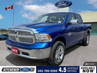 Blue Streak Pearlcoat 2019 Ram 1500 Classic SLT 4D Crew Cab Pentastar 3.6L V6 VVT 8-Speed Automatic 4WD 115-Volt Auxiliary Power Outlet, 121-Litre (26.6-Gallon) Fuel Tank, 17 x 7 Aluminum Wheels, 3.21 Rear Axle Ratio, 4-Wheel Disc Brakes, 6 Speakers, ABS brakes, Active Grille Shutters, Air Conditioning, Alloy wheels, AM/FM radio: SiriusXM, Black Exterior Mirrors, Block heater, Brake assist, Bumpers: chrome, Class IV Hitch Receiver, Cloth Front 40/20/40 Bench Seat, Compass, Delay-off headlights, Driver door bin, Dual front impact airbags, Dual front side impact airbags, Electronic Shift, Electronic Stability Control, Flat Load Floor, Front 40/20/40 Split Bench Seat, Front anti-roll bar, Front Armrest w/3 Cup Holders, Front Centre Seat Cushion Storage, Front reading lights, Front wheel independent suspension, Fully automatic headlights, GPS Antenna Input, Hands-Free Comm w/Bluetooth, Heated door mirrors, Heated Exterior Mirrors, Illuminated entry, Low tire pressure warning, Occupant sensing airbag, Outside temperature display, Overhead airbag, Overhead console, Panic alarm, ParkView Rear Back-Up Camera, Passenger door bin, Passenger vanity mirror, Power 10-Way Driver Seat w/Lumbar Adjust, Power door mirrors, Power Lumbar Adjust, Power steering, Power windows, Premium Cloth Front 40/20/40 Bench Seat, Quick Order Package 22G SLT, Radio data system, Radio: Uconnect 3 w/5 Display, Rear 60/40 Split Folding Seat, Rear anti-roll bar, Rear Power Sliding Window, Rear step bumper, Remote keyless entry, Remote USB Charging Port, SiriusXM Satellite Radio, Speed control, Storage Tray, Tachometer, Tilt steering wheel, Tip Start, Traction control, Trip computer, Variably intermittent wipers, Voltmeter, Wheel Centre Hub.
