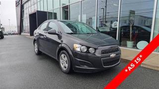 Recent Arrival! 2014 Chevrolet Sonic LT **Sold As Is**Black 2014 Chevrolet Sonic LT FWD 6-Speed Automatic ECOTEC 1.8L I4 SMPI DOHC VVTSteele Mitsubishi has the largest and most diverse selection of preowned vehicles in HRM. Buy with confidence, knowing we use fair market pricing guaranteeing the absolute best value in all of our pre owned inventory!Steele Auto Group is one of the most diversified group of automobile dealerships in Canada, with 60 dealerships selling 29 brands and an employee base of well over 2300. Sales are up over last year and our plan going forward is to expand further into Atlantic Canada and the United States furthering our commitment to our Canadian customers as well as welcoming our new customers in the USA.Reviews:* Owners tend to comment positively on the Sonics flexibility, good fuel mileage, styling, highly relevant feature content, modern cabin design, and ride quality. Many note that the Sonic drives like a bigger car, and doesnt feel light, flimsy or delicate. Powertrain refinement and maneuverability are also highly rated. Source: autoTRADER.caAwards:* JD Power Canada Dependability Study