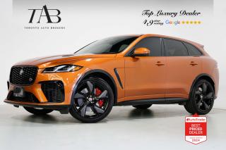 This Powerful 2022 Jaguar F-Pace SVR P550 is a local Ontario vehicle with remaining manufacture warranty until July 7, 2026 or 80,000kms. It is powered by a 5.0-liter supercharged V8 engine that produces approximately 550 horsepower and 516 lb-ft of torque. This engine delivers strong acceleration and impressive top speeds.

Key Features Includes:

- SVR
- P550
- Navigation
- Bluetooth
- Heads up Display
- Panoramic Sunroof
- Surround Camera System
- Parking Sensors
- Meridian Surround Sound System
- Sirius XM Radio
- Apple Carplay
- Android Auto
- Front and Rear Heated Seats
- Heated Steering Wheel
- Cruise Control
- Blind Spot Assist
- Lane Change Assist
- LED Headlights
- 22" Alloy Wheels 

NOW OFFERING 3 MONTH DEFERRED FINANCING PAYMENTS ON APPROVED CREDIT. 

Looking for a top-rated pre-owned luxury car dealership in the GTA? Look no further than Toronto Auto Brokers (TAB)! Were proud to have won multiple awards, including the 2024 AutoTrader Best Priced Dealer, 2024 CBRB Dealer Award, the Canadian Choice Award 2024, the 2024 BNS Award, the 2024 Three Best Rated Dealer Award, and many more!

With 30 years of experience serving the Greater Toronto Area, TAB is a respected and trusted name in the pre-owned luxury car industry. Our 30,000 sq.Ft indoor showroom is home to a wide range of luxury vehicles from top brands like BMW, Mercedes-Benz, Audi, Porsche, Land Rover, Jaguar, Aston Martin, Bentley, Maserati, and more. And we dont just serve the GTA, were proud to offer our services to all cities in Canada, including Vancouver, Montreal, Calgary, Edmonton, Winnipeg, Saskatchewan, Halifax, and more.

At TAB, were committed to providing a no-pressure environment and honest work ethics. As a family-owned and operated business, we treat every customer like family and ensure that every interaction is a positive one. Come experience the TAB Lifestyle at its truest form, luxury car buying has never been more enjoyable and exciting!

We offer a variety of services to make your purchase experience as easy and stress-free as possible. From competitive and simple financing and leasing options to extended warranties, aftermarket services, and full history reports on every vehicle, we have everything you need to make an informed decision. We welcome every trade, even if youre just looking to sell your car without buying, and when it comes to financing or leasing, we offer same day approvals, with access to over 50 lenders, including all of the banks in Canada. Feel free to check out your own Equifax credit score without affecting your credit score, simply click on the Equifax tab above and see if you qualify.

So if youre looking for a luxury pre-owned car dealership in Toronto, look no further than TAB! We proudly serve the GTA, including Toronto, Etobicoke, Woodbridge, North York, York Region, Vaughan, Thornhill, Richmond Hill, Mississauga, Scarborough, Markham, Oshawa, Peteborough, Hamilton, Newmarket, Orangeville, Aurora, Brantford, Barrie, Kitchener, Niagara Falls, Oakville, Cambridge, Kitchener, Waterloo, Guelph, London, Windsor, Orillia, Pickering, Ajax, Whitby, Durham, Cobourg, Belleville, Kingston, Ottawa, Montreal, Vancouver, Winnipeg, Calgary, Edmonton, Regina, Halifax, and more.

Call us today or visit our website to learn more about our inventory and services. And remember, all prices exclude applicable taxes and licensing, and vehicles can be certified at an additional cost of $799.