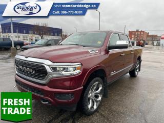 <b>Navigation,  Wireless Charging,  Leather Seats,  Cooled Seats,  Heated Rear Seats!</b><br> <br>  Compare at $45786 - Our Price is just $43995! <br> <br>   Fully redesigned for 2019, this Ram 1500 has reduced weight and increased payload and towing capacity over the previous generations. This  2019 Ram 1500 is fresh on our lot in Swift Current. <br> <br>The Ram 1500 delivers power and performance everywhere you need it, with a tech-forward cabin that is all about comfort and convenience. Loaded with best-in-class features, its easy to see why the Ram 1500 is so popular. With the most towing and hauling capability in a Ram 1500, as well as improved efficiency and exceptional capability, this truck has the grit to take on any task. This  Crew Cab 4X4 pickup  has 100,837 kms. Its  red pearl in colour  . It has a 8 speed automatic transmission and is powered by a  395HP 5.7L 8 Cylinder Engine.  <br> <br> Our 1500s trim level is Limited. This top of the line Ram 1500 Limited comes very well equipped with exclusive aluminum wheels and elegant styling, heated and cooled premium leather seats with heated second row seats, blind spot detection and Uconnect 4C with a larger touchscreen that features a premium Alpine stereo system and built-in navigation. This stunning truck also comes with unique chrome accents, a heated leather steering wheel, dual zone climate control, wireless charging, Active-Level air suspension, bi-functional LED headlights, front and rear Park-Sense sensors, power heated side mirrors, proximity keyless entry, a spray in bed liner, LED cargo area lights, power seats w/ memory, towing equipment, front fog lights, power adjustable pedals and so much more. This vehicle has been upgraded with the following features: Navigation,  Wireless Charging,  Leather Seats,  Cooled Seats,  Heated Rear Seats,  Remote Start,  Heated Steering Wheel. <br> To view the original window sticker for this vehicle view this <a href=http://www.chrysler.com/hostd/windowsticker/getWindowStickerPdf.do?vin=1C6SRFHTXKN582752 target=_blank>http://www.chrysler.com/hostd/windowsticker/getWindowStickerPdf.do?vin=1C6SRFHTXKN582752</a>. <br/><br> <br>To apply right now for financing use this link : <a href=https://standarddodge.ca/financing target=_blank>https://standarddodge.ca/financing</a><br><br> <br/><br>* Stop By Today *Test drive this must-see, must-drive, must-own beauty today at Standard Chrysler Dodge Jeep Ram, 208 Cheadle St W., Swift Current, SK S9H0B5! <br><br> Come by and check out our fleet of 30+ used cars and trucks and 90+ new cars and trucks for sale in Swift Current.  o~o
