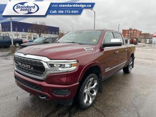 <b>Navigation,  Wireless Charging,  Leather Seats,  Cooled Seats,  Heated Rear Seats!</b><br> <br>  Compare at $45786 - Our Price is just $43841! <br> <br>   Discover the inner beauty and rugged exterior of this stylish Ram 1500. This  2019 Ram 1500 is for sale today in Swift Current. <br> <br>The Ram 1500 delivers power and performance everywhere you need it, with a tech-forward cabin that is all about comfort and convenience. Loaded with best-in-class features, its easy to see why the Ram 1500 is so popular. With the most towing and hauling capability in a Ram 1500, as well as improved efficiency and exceptional capability, this truck has the grit to take on any task. This  Crew Cab 4X4 pickup  has 100,837 kms. Its  red pearl in colour  . It has a 8 speed automatic transmission and is powered by a  395HP 5.7L 8 Cylinder Engine.  <br> <br> Our 1500s trim level is Limited. This top of the line Ram 1500 Limited comes very well equipped with exclusive aluminum wheels and elegant styling, heated and cooled premium leather seats with heated second row seats, blind spot detection and Uconnect 4C with a larger touchscreen that features a premium Alpine stereo system and built-in navigation. This stunning truck also comes with unique chrome accents, a heated leather steering wheel, dual zone climate control, wireless charging, Active-Level air suspension, bi-functional LED headlights, front and rear Park-Sense sensors, power heated side mirrors, proximity keyless entry, a spray in bed liner, LED cargo area lights, power seats w/ memory, towing equipment, front fog lights, power adjustable pedals and so much more. This vehicle has been upgraded with the following features: Navigation,  Wireless Charging,  Leather Seats,  Cooled Seats,  Heated Rear Seats,  Remote Start,  Heated Steering Wheel. <br> To view the original window sticker for this vehicle view this <a href=http://www.chrysler.com/hostd/windowsticker/getWindowStickerPdf.do?vin=1C6SRFHTXKN582752 target=_blank>http://www.chrysler.com/hostd/windowsticker/getWindowStickerPdf.do?vin=1C6SRFHTXKN582752</a>. <br/><br> <br>To apply right now for financing use this link : <a href=https://standarddodge.ca/financing target=_blank>https://standarddodge.ca/financing</a><br><br> <br/><br>* Stop By Today *Test drive this must-see, must-drive, must-own beauty today at Standard Chrysler Dodge Jeep Ram, 208 Cheadle St W., Swift Current, SK S9H0B5! <br><br> Come by and check out our fleet of 30+ used cars and trucks and 100+ new cars and trucks for sale in Swift Current.  o~o