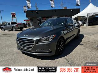 <b>Navigation,  Sunroof,  Leather Seats,  Cooled Seats,  Heated Seats!</b><br> <br>    Slick looks, solid value, and luxury at its highest levels. This is the Genesis G80. This  2017 Genesis G80 is for sale today. <br> <br>This 2017 Genesis G80 offers an intuitive interior space filled with innovative technology that creates an efficient and relaxing driving experience. Its signature Crest Grille stands out as a symbol of strength and confidence while the G80 rewards your senses with supple, impeccably tailored full-grain Nappa leather upholstery. Through heart-stopping design and performance rivaled only by its first-class experience, the Genesis G80 is reinventing luxury as you know it. This  sedan has 152,247 kms. Its  charcoa in colour  . It has a 8 speed automatic transmission and is powered by a  311HP 3.8L V6 Cylinder Engine.  <br> <br> Our G80s trim level is Luxury. This Genesis G80 Luxury serves as the entry model of the G80 line up, and offers much more than what youre paying for with a range of assorted options such as stylish aluminum wheels, dual front and rear power sunroofs with power sunshade, front for lamps, voice activated audio and navigation system, an 8 inch touchscreen, Bluetooth connectivity, iPod/USB/AUX inputs, heated and cooled front seats with power adjustment, front and rear cup holders, manual rear window sun blinds, keyless entry and push button start, heated rear seats, aluminum and genuine wood interior surfaces, premium Nappa leather upholstered seats, a head up display, front and rear parking sensors, blind spot sensors, forward and rear collision alerts, a rear view camera and much more. This vehicle has been upgraded with the following features: Navigation,  Sunroof,  Leather Seats,  Cooled Seats,  Heated Seats,  Premium Sound Package,  Power Tailgate. <br> <br>To apply right now for financing use this link : <a href=https://www.platinumautosport.com/credit-application/ target=_blank>https://www.platinumautosport.com/credit-application/</a><br><br> <br/><br> Buy this vehicle now for the lowest bi-weekly payment of <b>$148.09</b> with $0 down for 84 months @ 5.99% APR O.A.C. ( Plus applicable taxes -  Plus applicable fees   ).  See dealer for details. <br> <br><br> We know that you have high expectations, and as car dealers, we enjoy the challenge of meeting and exceeding those standards each and every time. Allow us to demonstrate our commitment to excellence! </br>

<br> As your one stop shop for quality pre owned vehicles and hassle free auto financing in Saskatoon, we provide the following offers & incentives for our valued clients in Saskatchewan, Alberta & Manitoba. </br> o~o