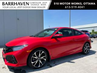 Just IN... 2019 Honda Civic Si Coupe with Ultra Low KMs. Some of the Feature Options included in the Trim Package are 1.5L L4 DOHC turbo 16 valves i-VTEC Engine, 6-speed manual transmission, 18-inch aluminum alloy wheels, Power glass moonroof with tilt feature, Centre exhaust finisher, Rear Spoiler, 5-inch colour LCD screen, Navigation System, Rear view camera with dynamic guidelines, Blind Spot Warning, AM/FM/CD/HD stereo radio, Bluetooth Wireless Technology with streaming audio, Apple CarPlay / Android Auto, SiriusXM satellite radio, 452-watt premium audio system with 10 speakers, 2 USB connectors, Siri eyes-free compatibility, Dual-zone auto climate control, Intelligent Key System, Leather-wrapped steering wheel, Aluminum-trimmed sport pedals, 60/40 rear split folding bench, Bucket front seats, Front heated seat, ECON mode button and Eco-assist system, Maintenance reminder system & More. The Civic includes a Clean Car-Proof Free of any Insurance or Collison Claims. The Civic has undergone a Complete Detail Cleaning and is all ready for YOU. Nobody deals like Barrhaven Jeep Dodge Ram, come and see us today and we will show you why!!