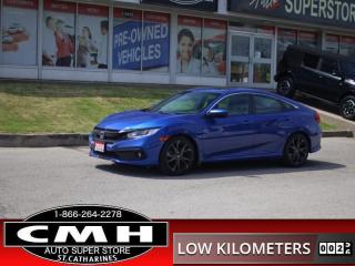 <b>ONLY 31,000 KMS !! REAR CAMERA, ADAPTIVE CRUISE CONTROL, COLLISION SENSORS, LANE DEPARTURE, PASSENGER BLIND SPOT CAMERA, SUNROOF, HEATED SEATS, DUAL CLIMATE CONTROL, STEERING WHEEL CONTROLS, PADDLE SHIFTERS, REMOTE START, 18-INCH ALLOY WHEELS<br> <br></b><br>      This  2020 Honda Civic Sedan is for sale today. <br> <br>With harmonious power, excellent handling capability, plus its engaging driving dynamic, this 2020 Honda Civic is a highly compelling choice in the eco-friendly compact car segment. Regardless of your style preference or driving habits, this impressive Honda Civic will perfectly suit your wants and needs. The Civic offers the right amount of cargo space, an aggressive exterior design with sporty and sleek body lines, plus a comfortable and ergonomic interior layout that works well with all family sizes. This Civic easily makes a bold statement without saying a word! This low mileage  sedan has just 30,618 kms. Its  blue in colour  . It has an automatic transmission and is powered by a  158HP 2.0L 4 Cylinder Engine. <br> <br> Our Civic Sedans trim level is Sport. Stepping up to this Sport Civic gets you some great features for luxury and performance with a power moonroof, leather steering wheel, proximity key, aluminum trimmed sport pedals, fog lights, blind spot display, and paddle shifters. Other standard features include collision mitigation with forward collision warning, lane keep assist with road departure mitigation, adaptive cruise control, straight driving assist for slopes, and automatic highbeams. The interior is as comfy and advanced as you need with heated front seats, remote start, Apple CarPlay, Android Auto, Bluetooth, Siri EyesFree, WiFi tethering, steering wheel with cruise and audio controls, multi-angle rearview camera, 7 inch driver information display, and automatic climate control. The exterior has some great style with aluminum wheels, independent suspension, heated power side mirrors, and LED taillamps. This vehicle has been upgraded with the following features: Back Up Camera, Laser Cruise, Forward Crash Sensor, Lane Departure Warning, Side Camera, Sunroof, Drivers Power Seat. <br> <br>To apply right now for financing use this link : <a href=https://www.cmhniagara.com/financing/ target=_blank>https://www.cmhniagara.com/financing/</a><br><br> <br/><br>Trade-ins are welcome! Financing available OAC ! Price INCLUDES a valid safety certificate! Price INCLUDES a 60-day limited warranty on all vehicles except classic or vintage cars. CMH is a Full Disclosure dealer with no hidden fees. We are a family-owned and operated business for over 30 years! o~o