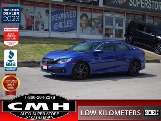 <b>ONLY 31,000 KMS !! REAR CAMERA, ADAPTIVE CRUISE CONTROL, COLLISION SENSORS, LANE DEPARTURE, PASSENGER BLIND SPOT CAMERA, SUNROOF, HEATED SEATS, DUAL CLIMATE CONTROL, STEERING WHEEL CONTROLS, PADDLE SHIFTERS, REMOTE START, 18-INCH ALLOY WHEELS<br> <br></b><br>  <br>CMH certifies that all vehicles meet DOUBLE the Ministry standards for Brakes and Tires<br><br> <br>    This  2020 Honda Civic Sedan is for sale today. <br> <br>With harmonious power, excellent handling capability, plus its engaging driving dynamic, this 2020 Honda Civic is a highly compelling choice in the eco-friendly compact car segment. Regardless of your style preference or driving habits, this impressive Honda Civic will perfectly suit your wants and needs. The Civic offers the right amount of cargo space, an aggressive exterior design with sporty and sleek body lines, plus a comfortable and ergonomic interior layout that works well with all family sizes. This Civic easily makes a bold statement without saying a word! This low mileage  sedan has just 30,618 kms. Its  blue in colour  . It has an automatic transmission and is powered by a  158HP 2.0L 4 Cylinder Engine. <br> <br> Our Civic Sedans trim level is Sport. Stepping up to this Sport Civic gets you some great features for luxury and performance with a power moonroof, leather steering wheel, proximity key, aluminum trimmed sport pedals, fog lights, blind spot display, and paddle shifters. Other standard features include collision mitigation with forward collision warning, lane keep assist with road departure mitigation, adaptive cruise control, straight driving assist for slopes, and automatic highbeams. The interior is as comfy and advanced as you need with heated front seats, remote start, Apple CarPlay, Android Auto, Bluetooth, Siri EyesFree, WiFi tethering, steering wheel with cruise and audio controls, multi-angle rearview camera, 7 inch driver information display, and automatic climate control. The exterior has some great style with aluminum wheels, independent suspension, heated power side mirrors, and LED taillamps. This vehicle has been upgraded with the following features: Back Up Camera, Laser Cruise, Forward Crash Sensor, Lane Departure Warning, Side Camera, Sunroof, Drivers Power Seat. <br> <br>To apply right now for financing use this link : <a href=https://www.cmhniagara.com/financing/ target=_blank>https://www.cmhniagara.com/financing/</a><br><br> <br/><br>Trade-ins are welcome! Financing available OAC ! Price INCLUDES a valid safety certificate! Price INCLUDES a 60-day limited warranty on all vehicles except classic or vintage cars. CMH is a Full Disclosure dealer with no hidden fees. We are a family-owned and operated business for over 30 years! o~o