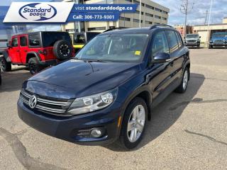 <b>Sunroof,  Leather Seats,  Heated Seats,  Rear View Camera,  Bluetooth!</b><br> <br>  Compare at $18256 - Our Price is just $16994! <br> <br>   This compact SUV by Volkswagen, the Tiguan is a stylish and very underappreciated, in terms of overall quality. As with all their cars, Volkswagen have gone for the safe alternative by creating this Tiguan to be comfortable, safe, efficient and very stylish without being flamboyant. with a roomy and very well built cabin offering plenty of space and comfort, this Tiguan also offers ample cargo space, one of the best in its class. Versatile in all senses and built to a high standard of quality, the Tiguan delivers high value for your money and a guarantee for reliability. This  2016 Volkswagen Tiguan is fresh on our lot in Swift Current. <br> <br>2016 Volkswagen Tiguan, the fun-to-drive SUV. Its turbocharged engine makes it a very powerful yet great on fuel, while its premium craftsmanship brings out all of its refined details. Forget for a moment that the Tiguan has a plenty of get-up-and-go and that it gets exceptions fuel economy and focus on all of its other incredible attributes - like its cargo space, versatility, and premium amenities. With a touchscreen to control your music, wireless phone contectivity, remote keyless entry and a rear view camera, the Tiguan offers all kinds of useful standard features. This  SUV has 174,372 kms. Its  night blue metallic in colour  . It has an automatic transmission and is powered by a  200HP 2.0L 4 Cylinder Engine.  <br> <br> Our Tiguans trim level is Comfortline. The Tiguan Comfortline provides outstanding comfort levels blended with expertly thought-out design to create a cabin thats pampering, and functional. Features include a dual-panel glass sunroof, rain-sensing wipers, roof rails, Composition Media radio with a 6.33-in touchscreen, 8 speakers, SiriusXM satellite radio, heated front bucket seats, a dual-zone automatic air conditioning, and a leatherette seat upholstery. This vehicle has been upgraded with the following features: Sunroof,  Leather Seats,  Heated Seats,  Rear View Camera,  Bluetooth,  Aluminum Wheels,  Air Conditioning. <br> <br>To apply right now for financing use this link : <a href=https://standarddodge.ca/financing target=_blank>https://standarddodge.ca/financing</a><br><br> <br/><br>* Stop By Today *Test drive this must-see, must-drive, must-own beauty today at Standard Chrysler Dodge Jeep Ram, 208 Cheadle St W., Swift Current, SK S9H0B5! <br><br> Come by and check out our fleet of 30+ used cars and trucks and 100+ new cars and trucks for sale in Swift Current.  o~o