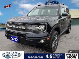 Black Metallic 2022 Ford Bronco Sport Badlands 400A 400A 4D Sport Utility EcoBoost 2.0L I4 GTDi DOHC Turbocharged VCT 8-Speed Automatic 4WD 3.80 Axle Ratio, Air Conditioning, Alloy wheels, AM/FM Stereo, Auto High-beam Headlights, Block heater, Body-Coloured Door Handles, Compass, Delay-off headlights, Driver door bin, Driver vanity mirror, Dual-Zone Electronic Automatic Temperature Control, Equipment Group 400A, Front fog lights, Fully automatic headlights, HD Radio, Heated front seats, Heated Steering Wheel, Illuminated entry, Leather-Trimmed 2-Tone Heated Front Bucket Seats, Passenger door bin, Passenger vanity mirror, Power driver seat, Power Moonroof, Power steering, Power windows, Premium Package, Rain sensing wipers, Rear Parking Sensors, Rear window defroster, Rear window wiper, Remote keyless entry, Remote Start System, Roof rack: rails only, SiriusXM Radio, Steering wheel mounted audio controls, SYNC 3 Communications & Entertainment System, Telescoping steering wheel, Tilt steering wheel, Universal Garage Door Opener (UGDO), Variably intermittent wipers, Wireless Charging Pad.
