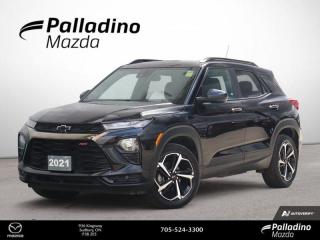 <b>*INCOMING PRE OWNED DEALER TRADE. PLEASE CONTACT DEALER FOR MORE INFORMATION!*<br><br>Leatherette Seats,  Remote Start,  Heated Seats,  Apple CarPlay,  Android Auto!<br> <br></b><br>     If you want to live big in a small SUV, this capable and comfortable Trailblazer is a great place to start. This  2021 Chevrolet Trailblazer is fresh on our lot in Sudbury. <br> <br>The 2021 Trailblazer is spacious, bold and has the technology and capability to help you get up and get out there. Whether the trail you blaze is on the pavement or off of it, this incredible Trailblazer is ready to be your partner through it all. Striking style is the first thing youll notice about this SUV. Its sculpted design and bold proportions give it a fresh, modern feel. While its capable chassis and seating for the whole family means this SUV is ready for whats next. The spacious interior features a versatile center console that keeps items within easy reach. Your passengers will stay comfortable with plenty of rear-seat leg room and tons of spots to store their things.This  SUV has 49,823 kms. Its  black in colour  . It has an automatic transmission and is powered by a  1.3L I3 12V GDI DOHC Turbo engine.  This unit has some remaining factory warranty for added peace of mind. <br> <br> Our Trailblazers trim level is RS. Designed for on road performance, this Trailblazer RS comes equipped with an aggressive looking front grille, larger aluminum wheels, dual exhaust outlets, a stronger drivetrain, remote engine start, LED fog lights, blind spot detection, rear cross traffic alert and rear park assist. Additional features are heated Leatherette seats, a power driver seat, Intellibeam automatic headlights, a colour touchscreen infotainment system featuring wireless Android Auto and wireless Apple CarPlay, Bluetooth streaming audio with voice command, lane keep assist with lane departure warning. Other great features include front collision alert, automatic emergency braking, an HD rear vision camera, 40/60 split rear bench seat and is 4G LTE Wi-Fi hotspot capable. This vehicle has been upgraded with the following features: Leatherette Seats,  Remote Start,  Heated Seats,  Apple Carplay,  Android Auto,  Lane Keep Assist,  Aluminum Wheels. <br> <br>To apply right now for financing use this link : <a href=https://www.palladinomazda.ca/finance/ target=_blank>https://www.palladinomazda.ca/finance/</a><br><br> <br/><br>Palladino Mazda in Sudbury Ontario is your ultimate resource for new Mazda vehicles and used Mazda vehicles. We not only offer our clients a large selection of top quality, affordable Mazda models, but we do so with uncompromising customer service and professionalism. We takes pride in representing one of Canadas premier automotive brands. Mazda models lead the way in terms of affordability, reliability, performance, and fuel efficiency.The advertised price is for financing purchases only. All cash purchases will be subject to an additional surcharge of $2,501.00. This advertised price also does not include taxes and licensing fees.<br> Come by and check out our fleet of 90+ used cars and trucks and 90+ new cars and trucks for sale in Sudbury.  o~o