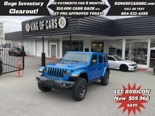 2023 JEEP WRANGLER 4XE RUBICON 4X4 PLUG-IN HYBRID VEHICLE (PHEV)ONLY 5% TAX!!!LEATHER SEATS, HEATED SEATS, HEATED STEERING WHEEL, NAVIGATION, BACK UP CAMERA, FRONT OFF ROAD CAMERA, BLIND SPOT DETECTION, APPLE CARPLAY, ANDROID AUTO, LED LIGHTS, FRONT + REAR LOCKING DIFF, REAR ONLY LOCKING DIFF, SWAY BAR DISCONNECT, ALPINE SPEAKER SYSTEM, REMOTE STARTER, KEYLESS GO, PUSH BUTTON STARTBALANCE OF JEEP FACTORY WARRANTYCALL US TODAY FOR MORE INFORMATION604 533 4499 OR TEXT US AT 604 360 0123GO TO KINGOFCARSBC.COM AND APPLY FOR A FREE-------- PRE APPROVAL -------STOCK # P215005PLUS ADMINISTRATION FEE OF $895 AND TAXESDEALER # 31301all finance options are subject to ....oac...