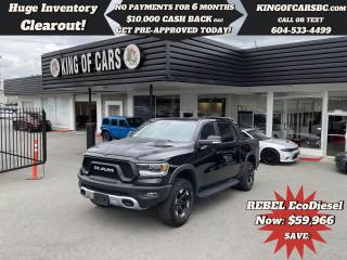 2022 RAM 1500 REBEL 4X4 CREW CAB ECODIESELAIR-RIDE SUSPENSION, NAVIGATION, BACK UP CAMERA, POWER LEATHER SEATS, HEATED SEATS, HEATED STEERING WHEEL, HEATED REAR SEATS, MEMORY SEATING, HARMAN/KARDON SPEAKER SYSTEM, REMOTE STARTER, KEYLESS GO, PUSH BUTTON START, WIRELESS PHONE CHARGER, APPLE CARPLAY, ANDROID AUTO, AUTOMATIC EMERGENCY BRAKING, POWER ADJUSTABLE FOOT PEDALS, POWER FOLDING MIRRORS, TRAILER BRAKE CONTROL, TRAILER BRAKE STEERING ASSIST, FRONT & REAR PARKING SENSORS, AXLE LOCK, RUNNING BOARDS, RAM BAR, SPORT HOOD-------FULL TOW PKG -------BALANCE OF RAM FACTORY WARRANTYCALL US TODAY FOR MORE INFORMATION604 533 4499 OR TEXT US AT 604 360 0123GO TO KINGOFCARSBC.COM AND APPLY FOR A FREE-------- PRE APPROVAL -------STOCK # P215006PLUS ADMINISTRATION FEE OF $895 AND TAXESDEALER # 31301all finance options are subject to ....oac...