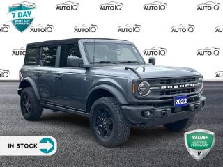 <p><strong>2022 Ford Bronco</strong></p><br><br><ul><br> <li>4.46 Axle Ratio</li><br> <li>4-Wheel Disc Brakes</li><br> <li>6 Speakers</li><br> <li>ABS brakes</li><br> <li>Air Conditioning</li><br> <li>AM/FM radio: SiriusXM with 360L</li><br> <li>AM/FM Stereo</li><br> <li>Auto High-beam Headlights</li><br> <li>Brake assist</li><br> <li>Compass</li><br> <li>Delay-off headlights</li><br> <li>Driver door bin</li><br> <li>Driver vanity mirror</li><br> <li>Dual front impact airbags</li><br> <li>Dual front side impact airbags</li><br> <li>Electronic Stability Control</li><br> <li>Emergency communication system: 911 Assist</li><br> <li>Exterior Parking Camera Rear</li><br> <li>Front anti-roll bar</li><br> <li>Front Bucket Seats</li><br> <li>Front reading lights</li><br> <li>Front wheel independent suspension</li><br> <li>Fully automatic headlights</li><br> <li>Heated door mirrors</li><br> <li>Illuminated entry</li><br> <li>Integrated roll-over protection</li><br> <li>Leather Shift Knob</li><br> <li>Low tire pressure warning</li><br> <li>Marine Grade Vinyl Bucket Seats</li><br> <li>Occupant sensing airbag</li><br> <li>Outside temperature display</li><br> <li>Overhead airbag</li><br> <li>Overhead console</li><br> <li>Panic alarm</li><br> <li>Passenger door bin</li><br> <li>Passenger vanity mirror</li><br> <li>Power door mirrors</li><br> <li>Power steering</li><br> <li>Power windows</li><br> <li>Radio data system</li><br> <li>Remote keyless entry</li><br> <li>Security system</li><br> <li>SiriusXM Radio w/360L</li><br> <li>Speed control</li><br> <li>Split folding rear seat</li><br> <li>Steering wheel mounted audio controls</li><br> <li>SYNC 4</li><br> <li>Tachometer</li><br> <li>Telescoping steering wheel</li><br> <li>Tilt steering wheel</li><br> <li>Traction control</li><br> <li>Trip computer</li><br> <li>Variably intermittent wipers</li><br> <li>Wheels: 17 Black Gloss-Painted Steel</li><br></ul><br><br><p> </p>

<h4>VALUE+ CERTIFIED PRE-OWNED VEHICLE</h4>

<p>36-point Provincial Safety Inspection<br />
172-point inspection combined mechanical, aesthetic, functional inspection including a vehicle report card<br />
Warranty: 30 Days or 1500 KMS on mechanical safety-related items and extended plans are available<br />
Complimentary CARFAX Vehicle History Report<br />
2X Provincial safety standard for tire tread depth<br />
2X Provincial safety standard for brake pad thickness<br />
7 Day Money Back Guarantee*<br />
Market Value Report provided<br />
Complimentary 3 months SIRIUS XM satellite radio subscription on equipped vehicles<br />
Complimentary wash and vacuum<br />
Vehicle scanned for open recall notifications from manufacturer</p>

<p>SPECIAL NOTE: This vehicle is reserved for AutoIQs retail customers only. Please, No dealer calls. Errors & omissions excepted.</p>

<p>*As-traded, specialty or high-performance vehicles are excluded from the 7-Day Money Back Guarantee Program (including, but not limited to Ford Shelby, Ford mustang GT, Ford Raptor, Chevrolet Corvette, Camaro 2SS, Camaro ZL1, V-Series Cadillac, Dodge/Jeep SRT, Hyundai N Line, all electric models)</p>

<p>INSGMT</p>