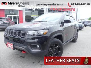 <b>Off-Road Package, Blind Spot Detection, Leather Seats, 4G Wi-Fi, Heated Steering Wheel, Remote Start, Proximity Key, Heated Seats, LED Lights, Lane Keep Assist, Lane Departure Warning, Forward Collision Alert, Tow Package, Rear Camera</b><br> <br>  Compare at $40684 - Our Price is just $39499! <br> <br>   This 2023 Jeep Compass features gorgeous styling and introduces new innovative ways to enhance your driving experience. This  2023 Jeep Compass is fresh on our lot in Orleans. <br> <br>Keeping with quintessential Jeep engineering, this 2023 Compass sports a striking exterior design, with an extremely refined interior, loaded with the latest and greatest safety, infotainment and convenience technology. This SUV also has the off-road prowess to booth, with rugged build quality and great reliability to ensure that you get to your destination and back, as many times as you want. This  SUV has 29,478 kms. Its  diamond black crystal pearl in colour  . It has an automatic transmission and is powered by a  200HP 2.0L 4 Cylinder Engine. <br> <br> Our Compasss trim level is Trailhawk. This rugged Compass Trailhawk comes prepped with a comprehensive off-road package that includes beefy suspension, 4 skid plates for undercarriage protection and black aluminum wheels with a full-size under-cargo mounted spare, along with front fog lamps, LED headlights with automatic high beams and cornering function, roof rack rails, and front and rear bumper tow hooks. The standard features continue with heated and power-adjustable front seats with driver lumbar support, a heated steering wheel, cloth/leather seating upholstery, remote engine start, proximity keyless entry, dual-zone front automatic air conditioning, and a 10.1-inch infotainment screen with Apple CarPlay and Android Auto. Safety features also include blind spot detection, forward collision warning with active braking and rear cross-path detection, lane keeping assist with lane departure warning, rear parking sensors, and a rearview camera.<br> To view the original window sticker for this vehicle view this <a href=http://www.chrysler.com/hostd/windowsticker/getWindowStickerPdf.do?vin=3C4NJDDN8PT534358 target=_blank>http://www.chrysler.com/hostd/windowsticker/getWindowStickerPdf.do?vin=3C4NJDDN8PT534358</a>. <br/><br> <br/><br>We are proud to regularly serve our clients and ready to help you find the right car that fits your needs, your wants, and your budget.And, of course, were always happy to answer any of your questions.Proudly supporting Ottawa, Orleans, Vanier, Barrhaven, Kanata, Nepean, Stittsville, Carp, Dunrobin, Kemptville, Westboro, Cumberland, Rockland, Embrun , Casselman , Limoges, Crysler and beyond! Call us at (613) 824-8550 or use the Get More Info button for more information. Please see dealer for details. The vehicle may not be exactly as shown. The selling price includes all fees, licensing & taxes are extra. OMVIC licensed.Find out why Myers Orleans Nissan is Ottawas number one rated Nissan dealership for customer satisfaction! We take pride in offering our clients exceptional bilingual customer service throughout our sales, service and parts departments. Located just off highway 174 at the Jean DÀrc exit, in the Orleans Auto Mall, we have a huge selection of Used vehicles and our professional team will help you find the Nissan that fits both your lifestyle and budget. And if we dont have it here, we will find it or you! Visit or call us today.<br>*LIFETIME ENGINE TRANSMISSION WARRANTY NOT AVAILABLE ON VEHICLES WITH KMS EXCEEDING 140,000KM, VEHICLES 8 YEARS & OLDER, OR HIGHLINE BRAND VEHICLE(eg. BMW, INFINITI. CADILLAC, LEXUS...)<br> Come by and check out our fleet of 40+ used cars and trucks and 110+ new cars and trucks for sale in Orleans.  o~o