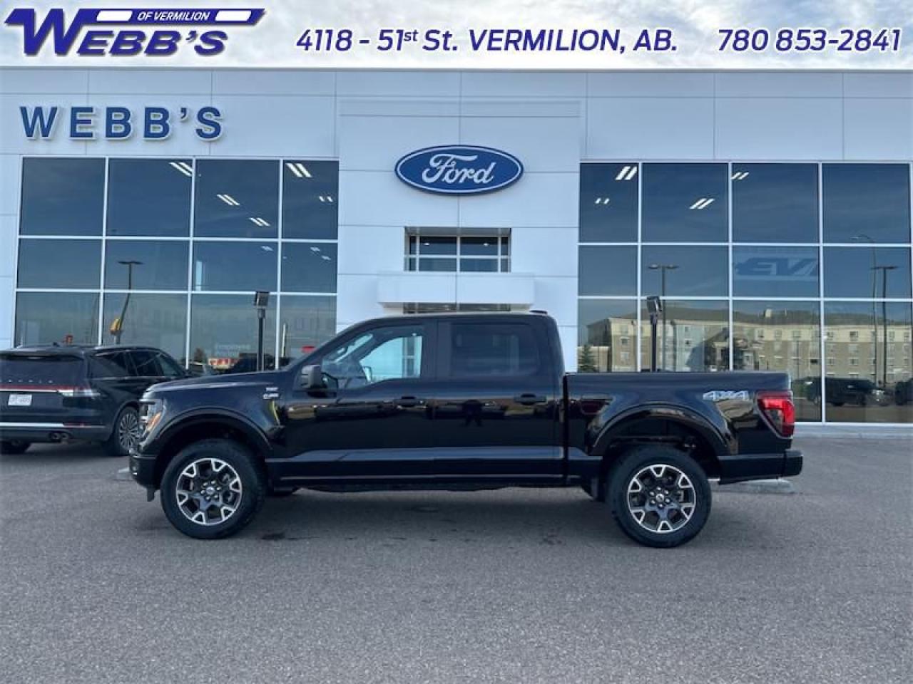 <b>20 Aluminum Wheels!</b><br> <br> <br> <br>  Smart engineering, impressive tech, and rugged styling make the F-150 hard to pass up. <br> <br>Just as you mould, strengthen and adapt to fit your lifestyle, the truck you own should do the same. The Ford F-150 puts productivity, practicality and reliability at the forefront, with a host of convenience and tech features as well as rock-solid build quality, ensuring that all of your day-to-day activities are a breeze. Theres one for the working warrior, the long hauler and the fanatic. No matter who you are and what you do with your truck, F-150 doesnt miss.<br> <br> This agate black Crew Cab 4X4 pickup   has a 10 speed automatic transmission and is powered by a  325HP 2.7L V6 Cylinder Engine.<br> <br> Our F-150s trim level is STX. This STX trim steps things up with upgraded aluminum wheels, along with great standard features such as class IV tow equipment with trailer sway control, remote keyless entry, cargo box lighting, and a 12-inch infotainment screen powered by SYNC 4 featuring SiriusXM satellite radio, Apple CarPlay, Android Auto and FordPass Connect 5G internet hotspot. Safety features also include blind spot detection, lane keep assist with lane departure warning, front and rear collision mitigation and automatic emergency braking. This vehicle has been upgraded with the following features: 20 Aluminum Wheels. <br><br> View the original window sticker for this vehicle with this url <b><a href=http://www.windowsticker.forddirect.com/windowsticker.pdf?vin=1FTEW2LP5RKD37354 target=_blank>http://www.windowsticker.forddirect.com/windowsticker.pdf?vin=1FTEW2LP5RKD37354</a></b>.<br> <br>To apply right now for financing use this link : <a href=https://www.webbsford.com/financing/ target=_blank>https://www.webbsford.com/financing/</a><br><br> <br/>    0% financing for 72 months. 1.99% financing for 84 months. <br> Buy this vehicle now for the lowest bi-weekly payment of <b>$424.58</b> with $0 down for 84 months @ 1.99% APR O.A.C. ( taxes included, $149 documentation fee   / Total cost of borrowing $5166   ).  Incentives expire 2025-01-01.  See dealer for details. <br> <br>Webbs Ford is located at 4118 - 51st Street in beautiful Vermilion, AB. <br/>We offer superior sales and service for our valued customers and are committed to serving our friends and clients with the best services possible. If you are looking to set up a test drive in one of our new Fords or looking to inquire about financing options, please call (780) 853-2841 and speak to one of our professional staff members today.   Vehicle pricing offer shown expire 2024-12-31.  o~o