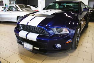 <p>2012 FORD MUSTANG SHELBY GT500.  BLUE PEARL METALIC WITH BLACK LEATHER/WHITE INSERTS INT.  6 BSPEED MANUAL W/OD TRANSMISSION PRODUCING 550HP. 19 PAINTED FORGED ALUMINIMUM WHEELS, FRONT A/C, ONLY 17967 ORG KMS, CERTIFIED, ACCIDENT FREE AND FULLY SERVICED. PLEASE CALL ME TO DISCUSS AND ARRANGE A VIEWING.  THANK YOU, VITO </p>