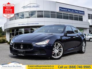New Arrival! This  2015 Maserati Ghibli is fresh on our lot in Abbotsford. 
 
This  sedan has 96,931 kms. Its  blue in colour  . It has a 8 speed automatic transmission and is powered by a  404HP 3.0L V6 Cylinder Engine.  
 
To apply right now for financing use this link : https://www.fraservalleypreowned.ca/abbotsford-car-loan-application-british-columbia
 
 

| Our Quality Guarantee: We maintain the highest standard of quality that is required for a Pre-Owned Dealership to operate in an Auto Mall. We provide an independent 360-degree inspection report through licensed 3rd Party mechanic shops. Thus, our customers can rest assured each vehicle will be a reliable, and responsible purchase.  |  Purchase Disclaimer: Your selected vehicle may have a differing finance and cash prices. When viewing our vehicles on third party  marketplaces, please click over to our website to verify the correct price for the vehicle. The Sale Price on third party websites will always reflect the Finance Price of our vehicles. If you are making a Cash Purchase, please refer to our website for the Cash Price of the vehicle.  | All prices are subject to and do not include, a $995 Finance Fee, and a $695 Document Fee.   These fees as well as taxes, are included in all listed listed payment quotes. Please speak with Dealer for full details and exact numbers.  o~o