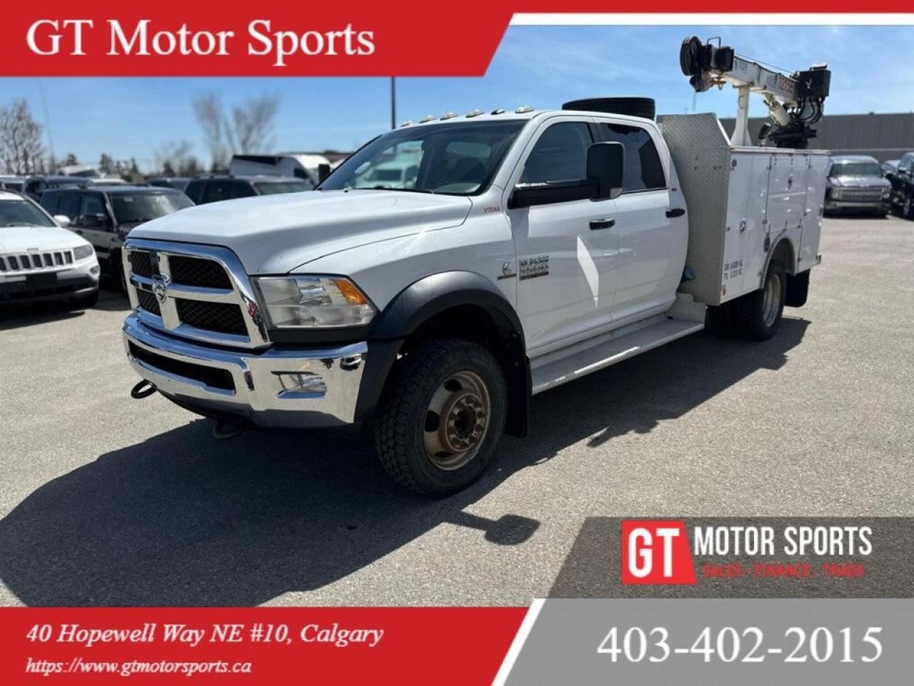 This 2017 Ram 5500 3500LB Crane feels like a workhorse built for the toughest jobs. Every drive delivers strength and confidence with its heavy duty capability, solid build, and the reliability to handle demanding tasks with ease.<div></div><div><br></div><div><ul><li>All credit accepted: good, bad, new to Canada, bankruptcy, collections, repossessions, student/work visas</li><li>In-house financing available (O.A.C.)</li><li>Low bi-weekly payments & instant approvals</li><li>Up to 6 months no payments (interest accrues)</li><li>Credit consolidation, unemployment insurance, negative equity coverage</li><li>Financing, APR & payments vary by personal credit (O.A.C.)</li></ul></div><div><br></div><div><b>Open 7 days:</b> MonThu 107, FriSat 106, Sun 103</div><div><b>Location:</b> 10-40 Hopewell Way NE, Calgary (behind Enterprise Car Rental)</div><div><b>Contact:</b> 403-402-2015 or www.gtmotorsports.ca </div><div>Full mechanical fitness assessment, Carfax & warranty included</div><div>AMVIC licensed dealer</div><div>Price based on vehicle only (aftermarket, fees & GST extra)</div><div><br></div><div></div><div></div>