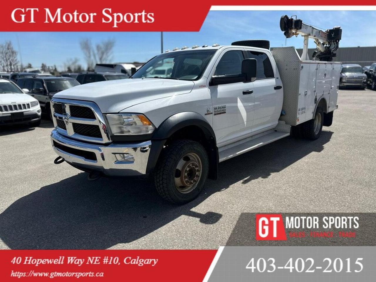 This 2017 Ram 5500 3500LB Crane feels like a workhorse built for the toughest jobs. Every drive delivers strength and confidence with its heavy duty capability, solid build, and the reliability to handle demanding tasks with ease.
<div>
</div><div><br></div><div><ul><li>All credit accepted: good, bad, new to Canada, bankruptcy, collections, repossessions, student/work visas
</li><li>In-house financing available (O.A.C.)
</li><li>Low bi-weekly payments & instant approvals
</li><li>Up to 6 months no payments (interest accrues)
</li><li>Credit consolidation, unemployment insurance, negative equity coverage
</li><li>Financing, APR & payments vary by personal credit (O.A.C.)
</li></ul></div><div><br></div><div><b>Open 7 days:</b> MonThu 107, FriSat 106, Sun 103
</div><div><b>Location:</b> 10-40 Hopewell Way NE, Calgary (behind Enterprise Car Rental)
</div><div><b>Contact:</b> 403-402-2015 or www.gtmotorsports.ca 
</div><div>Full mechanical fitness assessment, Carfax & warranty included
</div><div>AMVIC licensed dealer
</div><div>Price based on vehicle only (Plus aftermarket, GST, and costs/charges associated with financing)</div><div><br></div><div>
</div><div>
</div>