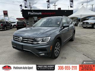 <b>Pedestrian Monitoring,  Power Liftgate,  17 inch Tulsa Alloy Wheels,  Autonomous Emergency Braking,  Blind Spot Detection!</b><br> <br>    For a compact crossover SUV, this Volkswagen Tiguan offers a very comfortable and roomy interior, crafted with high quality standards and excellent materials. This  2019 Volkswagen Tiguan is for sale today. <br> <br>The weekend warrior! As one of the most minimalist styled crossover SUVs, the Tiguan is the winner of elegance in its competition. Crisp lines, a luxurious ride quality and the largest interior within its class give this Tiguan the high marks as the leader of the crossover SUV segment.This  SUV has 100,193 kms. Its  grey in colour  . It has a 8 speed automatic transmission and is powered by a  184HP 2.0L 4 Cylinder Engine.  <br> <br> Our Tiguans trim level is Comfortline 4MOTION. Upgrade to this Volkswagen Tiguan Comfortline that really means comfort with full time all wheel drive, LED brake lights, body colored heated side mirrors with turn signals, elegant alloy wheels, rain detecting wipers with heated jets, a 6 speaker stereo with an 8 inch display, App-Connect smartphone integration, power liftgate, front adjustable bucket seats, proximity keyless entry and push button start, cruise control, dual zone front automatic air conditioning, an auto dimming rear view mirror, a leather wrapped multi-functional steering wheel, Bluetooth connectivity, front and rear cup holders, a rear view camera blind spot detection sensor, pedestrian detection, front collision prevention assist with autonomous emergency braking and much more. This vehicle has been upgraded with the following features: Pedestrian Monitoring,  Power Liftgate,  17 Inch Tulsa Alloy Wheels,  Autonomous Emergency Braking,  Blind Spot Detection,  Kessy -keyless Access,  Push Button Start. <br> <br>To apply right now for financing use this link : <a href=https://www.platinumautosport.com/credit-application/ target=_blank>https://www.platinumautosport.com/credit-application/</a><br><br> <br/><br> Buy this vehicle now for the lowest bi-weekly payment of <b>$181.76</b> with $0 down for 84 months @ 5.99% APR O.A.C. ( Plus applicable taxes -  Plus applicable fees   ).  See dealer for details. <br> <br><br> We know that you have high expectations, and as car dealers, we enjoy the challenge of meeting and exceeding those standards each and every time. Allow us to demonstrate our commitment to excellence! </br>

<br> As your one stop shop for quality pre owned vehicles and hassle free auto financing in Saskatoon, we provide the following offers & incentives for our valued clients in Saskatchewan, Alberta & Manitoba. </br> o~o