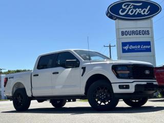 <b>STX Appearance Package, 20 Aluminum Wheels, Spray-In Bed Liner!</b><br> <br> <br> <br>  A true class leader in towing and hauling capabilities, this 2024 Ford F-150 isnt your usual work truck, but the best in the business. <br> <br>Just as you mould, strengthen and adapt to fit your lifestyle, the truck you own should do the same. The Ford F-150 puts productivity, practicality and reliability at the forefront, with a host of convenience and tech features as well as rock-solid build quality, ensuring that all of your day-to-day activities are a breeze. Theres one for the working warrior, the long hauler and the fanatic. No matter who you are and what you do with your truck, F-150 doesnt miss.<br> <br> This oxford white Crew Cab 4X4 pickup   has a 10 speed automatic transmission and is powered by a  325HP 2.7L V6 Cylinder Engine.<br> <br> Our F-150s trim level is STX. This STX trim steps things up with upgraded aluminum wheels, along with great standard features such as class IV tow equipment with trailer sway control, remote keyless entry, cargo box lighting, and a 12-inch infotainment screen powered by SYNC 4 featuring voice-activated navigation, SiriusXM satellite radio, Apple CarPlay, Android Auto and FordPass Connect 5G internet hotspot. Safety features also include blind spot detection, lane keep assist with lane departure warning, front and rear collision mitigation and automatic emergency braking. This vehicle has been upgraded with the following features: Stx Appearance Package, 20 Aluminum Wheels, Spray-in Bed Liner. <br><br> View the original window sticker for this vehicle with this url <b><a href=http://www.windowsticker.forddirect.com/windowsticker.pdf?vin=1FTEW2LP0RKD84131 target=_blank>http://www.windowsticker.forddirect.com/windowsticker.pdf?vin=1FTEW2LP0RKD84131</a></b>.<br> <br>To apply right now for financing use this link : <a href=https://www.bourgeoismotors.com/credit-application/ target=_blank>https://www.bourgeoismotors.com/credit-application/</a><br><br> <br/> 0% financing for 60 months. 1.99% financing for 84 months.  Incentives expire 2024-07-02.  See dealer for details. <br> <br>Discount on vehicle represents the Cash Purchase discount applicable and is inclusive of all non-stackable and stackable cash purchase discounts from Ford of Canada and Bourgeois Motors Ford and is offered in lieu of sub-vented lease or finance rates. To get details on current discounts applicable to this and other vehicles in our inventory for Lease and Finance customer, see a member of our team. </br></br>Discover a pressure-free buying experience at Bourgeois Motors Ford in Midland, Ontario, where integrity and family values drive our 78-year legacy. As a trusted, family-owned and operated dealership, we prioritize your comfort and satisfaction above all else. Our no pressure showroom is lead by a team who is passionate about understanding your needs and preferences. Located on the shores of Georgian Bay, our dealership offers more than just vehiclesits an experience rooted in community, trust and transparency. Trust us to provide personalized service, a diverse range of quality new Ford vehicles, and a seamless journey to finding your perfect car. Join our family at Bourgeois Motors Ford and let us redefine the way you shop for your next vehicle.<br> Come by and check out our fleet of 80+ used cars and trucks and 210+ new cars and trucks for sale in Midland.  o~o
