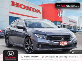 <p><strong>HONDA CERTIFIED USED VEHICLE! ONE PREVIOUS OWNER! NO REPORTED ACCIDENTS!</strong> 2020 Honda Civic Sport featuring CVT transmission, five passenger seating, rearview camera with dynamic guidelines, power sunroof, remote starter, Apple CarPlay™ and Android Auto™ connectivity, Siri® Eyes Free compatibility, ECON mode, Bluetooth, AM/FM audio system with two USB inputs, steering wheel mounted controls, cruise control, air conditioning, dual climate zones, heated front seats, 12V power outlet, power mirrors, power locks, power windows, 60/40 split fold-down rear seatback, Anchors and Tethers for Children (LATCH) , The Honda Sensing Technologies - Adaptive Cruise Control, Forward Collision Warning system, Collision Mitigation Braking system, Lane Departure Warning system, Lane Keeping Assist system and Road Departure Mitigation system, remote keyless entry with trunk release, auto on/off headlights, LED brake lights, LED tail lights, electronic stability control and anti-lock braking system. Contact Cambridge Centre Honda for special discounted finance rates, as low as 8.99%, on approved credit from Honda Financial Services.</p>

<p><span style=color:#ff0000><strong>FREE $25 GAS CARD WITH TEST DRIVE!</strong></span></p>

<p>Our philosophy is simple. We believe that buying and owning a car should be easy, enjoyable and transparent. Welcome to the Cambridge Centre Honda Family! Cambridge Centre Honda proudly serves customers from Cambridge, Kitchener, Waterloo, Brantford, Hamilton, Waterford, Brant, Woodstock, Paris, Branchton, Preston, Hespeler, Galt, Puslinch, Morriston, Roseville, Plattsville, New Hamburg, Baden, Tavistock, Stratford, Wellesley, St. Clements, St. Jacobs, Elmira, Breslau, Guelph, Fergus, Elora, Rockwood, Halton Hills, Georgetown, Milton and all across Ontario!</p>