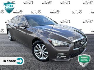 Recent Arrival!<br><br><br>6 Speakers, Air Conditioning, Alloy wheels, AM/FM radio, Four wheel independent suspension, Front Bucket Seats, Front dual zone A/C, Full Tank of Fuel & Floor Mats, Fully automatic headlights<br><br>Garage door transmitter: HomeLink, Heated front seats, Heated steering wheel, Illuminated entry, Leather Shift Knob, Leather steering wheel, Leatherette Seating Surfaces, Power driver seat<br><br>Power moonroof, Power steering, Power windows, Radio: INFINITI InTouch Dual Display System, Rain sensing wipers, Remote keyless entry, Security system, Wheels: 17 x 7.5 Split 5-Spoke Aluminum-Alloy.<br><br>Bronze 2017 INFINITI Q50 2.0t AWD 4D Sedan 2.0L DOHC Turbocharged 7-Speed Automatic with Manual Shift AWD<br><br><br>Reviews:<br>  * Owners tend to comment positively on the Q50s luxurious cabin and quality feel, a dense and solid but comfortable drive on almost anything, a nearly invisible AWD system that enhances driving thrills and security in slippery conditions, and powerful headlights. The premium Bose audio system is another feature favourite. Performance and an engaging feel are highly rated across the line, including from the potent Q50 Hybrid, which is also noted to be great on fuel. Source: autoTRADER.ca<p> </p>

<h4>VALUE+ CERTIFIED PRE-OWNED VEHICLE</h4>

<p>36-point Provincial Safety Inspection<br />
172-point inspection combined mechanical, aesthetic, functional inspection including a vehicle report card<br />
Warranty: 30 Days or 1500 KMS on mechanical safety-related items and extended plans are available<br />
Complimentary CARFAX Vehicle History Report<br />
2X Provincial safety standard for tire tread depth<br />
2X Provincial safety standard for brake pad thickness<br />
7 Day Money Back Guarantee*<br />
Market Value Report provided<br />
Complimentary 3 months SIRIUS XM satellite radio subscription on equipped vehicles<br />
Complimentary wash and vacuum<br />
Vehicle scanned for open recall notifications from manufacturer</p>

<p>SPECIAL NOTE: This vehicle is reserved for AutoIQs retail customers only. Please, No dealer calls. Errors & omissions excepted.</p>

<p>*As-traded, specialty or high-performance vehicles are excluded from the 7-Day Money Back Guarantee Program (including, but not limited to Ford Shelby, Ford mustang GT, Ford Raptor, Chevrolet Corvette, Camaro 2SS, Camaro ZL1, V-Series Cadillac, Dodge/Jeep SRT, Hyundai N Line, all electric models)</p>

<p>INSGMT</p>