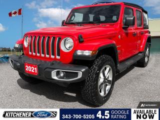 Firecracker Red Clearcoat 2021 Jeep Wrangler Unlimited Sahara 4D Sport Utility Pentastar 3.6L V6 VVT 8-Speed Automatic 4WD 1-Yr SiriusXM Guardian Subscription, 240 Amp Alternator, 3.45 Rear Axle Ratio, 4- and 7-Pin Wiring Harness, 4 Auxiliary Switches, 4G LTE Wi-Fi Hot Spot, 4-Wheel Disc Brakes, 5-Yr SiriusXM Traffic Subscription, 700 Amp Maintenance Free Battery, 8 Speakers, 8.4 Touchscreen, ABS brakes, Air Conditioning, Alloy wheels, Alpine Premium Audio System, AM/FM radio: SiriusXM, Apple CarPlay/Android Auto, Auto-Dimming Rear-View Mirror, Automatic temperature control, Block heater, Brake assist, Class II Hitch Receiver, Cloth Bucket Seats w/Sahara Logo, Compass, Convertible HardTop, Delay-off headlights, Driver door bin, Driver vanity mirror, Dual front impact airbags, Dual front side impact airbags, Electronic Stability Control, For Details, Visit DriveUconnect.ca, Front anti-roll bar, Front Bucket Seats, Front dual zone A/C, Front fog lights, Front reading lights, Fully automatic headlights, Garage door transmitter, Glass rear window, GPS Navigation, HD Radio, Heated door mirrors, Illuminated entry, Integrated roll-over protection, Leather steering wheel, Low tire pressure warning, Occupant sensing airbag, Off-Road Information Pages, Outside temperature display, Panic alarm, ParkView Rear Back-Up Camera, Passenger door bin, Passenger vanity mirror, Power door mirrors, Power steering, Power windows, Quick Order Package 25G Sahara, Radio data system, Radio: Uconnect 4C Nav w/8.4 Display, Rear anti-roll bar, Rear reading lights, Rear window defroster, Rear window wiper, Remote keyless entry, Remote Proximity Keyless Entry, Remote Start System, Security system, SiriusXM Traffic, SiriusXM Travel Link, SOS Call & Roadside Assistance Call, Speed control, Split folding rear seat, Steering wheel mounted audio controls, Tachometer, Telescoping steering wheel, Tilt steering wheel, Traction control, Trailer Tow & HD Electrical Group, Trip computer, Uconnect 4C Nav & Sound Group, Variably intermittent wipers, Voltmeter, Wheels: 18 x 7.5 Aluminum w/Granite Crystal.