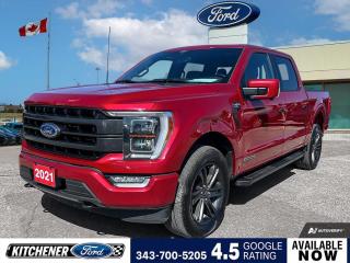 Rapid Red Metallic Tinted Clearcoat 2021 Ford F-150 Lariat 4D SuperCrew 3.5L PowerBoost Full-Hybrid V6 10-Speed Automatic 4WD 3.5L PowerBoost Full-Hybrid V6, 4WD, 360 Degree Camera, 4-Wheel Disc Brakes, 8 Speakers, 98L Fuel Tank, ABS brakes, Accent-Colour Angular Step Bar, Adjustable pedals, Air Conditioning, Alloy wheels, AM/FM radio: SiriusXM with 360L, Auto High-beam Headlights, Auto-dimming door mirrors, Auto-dimming Rear-View mirror, Automatic temperature control, Block heater, Body-Colour Door Handles w/Body-Colour Bezel, Body-Colour Front & Rear Bumpers, Box Side Decal, Brake assist, Chrome Single-Tip Exhaust, Class IV Trailer Hitch Receiver, Compass, Connected Built-In Navigation, Dark 2-Bar & 1 Minor Bar Style Grille, Delay-off headlights, Driver door bin, Driver vanity mirror, Dual front impact airbags, Dual front side impact airbags, Electronic Locking w/3.73 Axle Ratio, Electronic Stability Control, Emergency communication system: SYNC 4 911 Assist, Equipment Group 502A High, Evasive Steering Assist, Exterior Parking Camera Rear, Ford Co-Pilot360 Assist 2.0, Front anti-roll bar, Front Bucket Seats, Front dual zone A/C, Front fog lights, Front reading lights, Front wheel independent suspension, Fully automatic headlights, Garage door transmitter, Glare Free Lighting, Heated door mirrors, Heated front seats, Heated Rear Seats, Heated Steering Wheel, Illuminated entry, Intelligent Adaptive Cruise Control w/Stop & Go, Interior Work Surface, Intersection Assist, Lariat Sport Appearance Package, Leather-Trimmed Bucket Seats, LED Projector w/Dynamic Bending Headlamps, Low tire pressure warning, Memory seat, Navigation system: Connected Navigation (3-year trial), Occupant sensing airbag, Outside temperature display, Overhead airbag, Overhead console, Panic alarm, Passenger door bin, Passenger vanity mirror, Pedal memory, Power door mirrors, Power driver seat, Power passenger seat, Power steering, Power Tilt/Telescoping Steering Column w/Memory, Power windows, Pro Trailer Backup Assist, Radio data system, Radio: B&O Sound System by Bang & Olufsen, Rain Sensing Wipers, Rain-Sensing Wipers, Rear reading lights, Rear step bumper, Rear window defroster, Remote keyless entry, Security system, Speed control, Speed Sign Recognition, Speed-sensing steering, Split folding rear seat, Steering wheel mounted audio controls, SYNC 4 w/Enhanced Voice Recognition, Tachometer, Telescoping steering wheel, Tilt steering wheel, Tough Bed Spray-In Bedliner, Traction control, Trip computer, Turn signal indicator mirrors, Twin Panel Moonroof, Variably intermittent wipers, Ventilated front seats, Voltmeter, Wheels: 20 6-Spoke Dark Alloy Painted Aluminum.