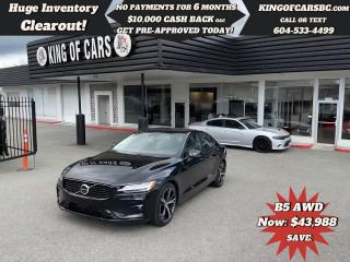 2023 VOLVO S60 B5 AWD PLUS DARK THEMEPANORAMIC SUNROOF, NAVIGATION, 360 DEGREE CAMERA, ADAPTIVE CRUISE CONTROL, EMERGENCY COLLISION AVOIDANCE, LANE ASSIST, BLIND SPOT DETECTION, LEATHER SEATS, HEATED SEATS, HEATED STEERING WHEEL, HEATED REAR SEATS, POWER MEMORY SEATS, KEYLESS GO, AUTO STOP & GO, DIGITAL DRIVER DISPLAY, TOUCHSCREEN INFOTAINMENT SYSTEM, LED HEADLIGHTSBALANCE OF VOLVO FACTORY WARRANTYCALL US TODAY FOR MORE INFORMATION604 533 4499 OR TEXT US AT 604 360 0123GO TO KINGOFCARSBC.COM AND APPLY FOR A FREE-------- PRE APPROVAL -------STOCK # P215015PLUS ADMINISTRATION FEE OF $895 AND TAXESDEALER # 31301all finance options are subject to ....oac...