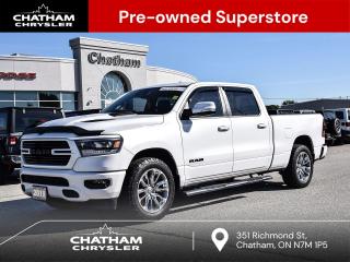 2019 Ram 1500 4D Crew Cab Sport Ivory White Tri-Coat Pearlcoat 115V Rear Auxiliary Power Outlet, 3 Rear Seat Head Restraints, 4-Way Adjustable Front Headrests, Active Front Air Dams, Apple CarPlay Capable, Auto-Dimming Exterior Driver Mirror, Auto-Dimming Rear-View Mirror, Automatic High-Beam Headlamp Control, Body-Colour Door Handles, Body-Colour Grille, Body-Colour Rear Bumper w/Step Pads, Bucket Seats, Door Trim Panel Foam Bottle Insert, Exterior Mirrors w/Courtesy Lamps, Exterior Mirrors w/Memory Settings, Exterior Mirrors w/Turn Signals, Front & Rear Floor Mats, Front Heated Seats, Front Heavy-Duty Shock Absorbers, Front Seatback Map Pockets, Front Wheel Spats, Google Android Auto, GPS Antenna Input, GPS Navigation, Heated Exterior Mirrors, Heated Steering Wheel, Instrument Cluster, LED Dome Lamp w/On/Off Switch, LED Dual Dome Reading Lamps, Level 2 Equipment Group, Manual 4-Way Front Passenger Seat, Overhead LED Lamps, Park-Sense Front & Rear Park Assist, Power 4-Way Driver Lumbar Adjust, Power Adjustable Pedals, Power Dual-Pane Panoramic Sunroof, Power Folding Exterior Mirrors, Power Heated Manual Folding Mirrors, Premium Overhead Console, Quick Order Package 25L Sport, Rain-Sensing Windshield Wipers, RAMs Head Badge, Rear 60/40 Split Folding Bench Seat, Rear Heavy-Duty Shock Absorbers, Rear Media Hub w/2 USB Ports, Rear Underseat Compartment Storage, Rear Wheel Spats, Rear Window Defroster, Remote Proximity Keyless Entry, Security Alarm, Single-Disc Remote CD Player, Sport Badge, Sport Group, Sun Visors w/Illuminated Vanity Mirrors, Universal Garage Door Opener. Odometer is 40292 kilometers below market average! 4WD HEMI 5.7L V8 VVT 8-Speed Automatic<br><br><br>Awards:<br>  * Motor Trend Canada Automobiles of the year<br><br><br>Here at Chatham Chrysler, our Financial Services Department is dedicated to offering the service that you deserve. We are experienced with all levels of credit and are looking forward to sitting down with you. Chatham Chrysler Proudly serves customers from London, Ridgetown, Thamesville, Wallaceburg, Chatham, Tilbury, Essex, LaSalle, Amherstburg and Windsor with no distance being ever too far! At Chatham Chrysler, WE CAN DO IT!