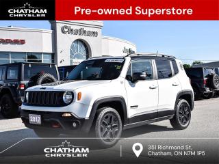 2017 Jeep Renegade 4D Sport Utility Trailhawk Alpine White ABS brakes, Air Conditioning ATC w/Dual Zone Control, Alloy wheels, Auto-Dimming Rear-View Mirror, Cargo Area All-Weather Floor Mats, Cold Weather Group, Compass, Deserthawk Decals, Deserthawk Group, Electronic Stability Control, Front Heated Seats, GPS Navigation, Heated door mirrors, Heated Steering Wheel, Illuminated entry, Keyless Enter N Go w/Push Start, Leather-Faced Bucket Seats w/Cloth Inserts (DISC), Low tire pressure warning, My Sky Power Open Air Roof System, Passive Entry Remote Start Package, Power 4-Way Driver Lumbar Adjust, Power 8-Way Driver Manual 4-Way Passenger Seats, Quick Order Package 27D (DISC), Rear 40/20/40 Fold & Trunk Pass-Thru, Remote keyless entry, Remote Start System, Topographical Hood Decal, Traction control, Wheels: 17 x 6.5 Semi-Gloss Blk Aluminum (DISC), Windshield Wiper De-Icer. 4WD I4 9-Speed Automatic<br><br><br>Reviews:<br>  * Most owners love the Renegades pleasing highway drive, excellent off-road capability and small-car levels of manoeuvrability. Other owners are highly satisfied with the Renegades unique looks, and uniquely styled cabin. Source: autoTRADER.ca<br><br><br>Here at Chatham Chrysler, our Financial Services Department is dedicated to offering the service that you deserve. We are experienced with all levels of credit and are looking forward to sitting down with you. Chatham Chrysler Proudly serves customers from London, Ridgetown, Thamesville, Wallaceburg, Chatham, Tilbury, Essex, LaSalle, Amherstburg and Windsor with no distance being ever too far! At Chatham Chrysler, WE CAN DO IT!