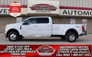 **Cash Price: $50,800. Finance Price: $49,800. (SAVE $1,000 OFF THE LISTED CASH PRICE WITH DEALER ARRANGED FINANCING! O.A.C.) Plus PST/GST. NO ADMINISTRATION FEES!! 

MUST SEE - 2018 Ford F-350 CREW DUALLY FX4 PREMIUM PACKAGE OFF RD 4X4 6.7L POWERSTROKE DIESEL 4X4, 8FT BOX, VERY WELL SERVICED AND FLAWLESS, STILL LIKE NEW!!

IMPOSSIBLE TO FIND, LET ALONE AS CLEAN AS THIS POWERSTROKE F350 DUALLY LONG BOX TRUCK IN EXCEPTIONALLY CLEAN CONDITION!! READY TO GO, VERY WELL SERVICED AND LOOKED AFTER WESTERN CANADIAN HWY DRIVEN TRUCK! EXCEPTIONALLY CLEAN, THIS IS A WORK OR PLAY READY NEW GENERATION 2018 FORD F-350 XLT DUALLY WITH PREMIUM PACKAGE FX4 8FT BOX CREW CAB 6.7L POWERSTROKE DIESEL 4X4. ITS TRULY FLAWLESS, WELL MAINTAINED, HAS AND ALL THE RIGHT OPTIONS FOR THE RIGHT PRICE!! 

- 6.7L POWERSTROKE DIESEL (440hp / 925 lb-ft tq) 
- 6 Speed automatic transmission 
- Auto 4x4 with 2 stage transfer case
- 3.55 Limited Slip Axle 
- Dual Rear Wheels Heavy GVW
- 8-way power drivers seat
- Heated 5 passenger Sport Buckets with Full center console 
- Premium Large Screen Multimedia audio system with AUX, USB, CD, and Satellite 
- Apple Carplay and Android along with WIFI
- Sync Bluetooth phone and media connectivity 
- Ford Remote Starter
- Remote and door Key-Pad Entry 
- Power pedals 
- Backup camera
- Full HD factory tow package
- Factory Brake controller
- Engine Exhaust brake
- Power Folding & extending tow mirrors 
- Blind spot with Cross traffic monitoring
- Fog lights and Tow Hooks
- Chrome Appearance package 
- FX4 Off Road suspension and appearance package 
- HD Chrome running boards 
- HD  Mudflaps all around
- Cab Clearance lamps
- Full Auxiliary overhead switch cluster 
- Optional New box liner available (at extra cost as shown installed in truck) 
- Meaty Toyo A/T Tires on Factory  Alcoa Aluminum Sport  Rims
- Read below for more info... 

MUST SEE,  FLAWLESS & VERY WELL CARED FOR 2018 NEW GENERATION F350 DUALLY SUPER DUTY THATS THE RIGHT TRUCK WITH THE RIGHT OPTIONS! READY TO WORK FOR YOUR CREW OR FAMILY. THESE SUPER DUTYS ARE EXTRA TOUGH, AND THIS ONE IS EXTRA CLEAN & EXTRA SHARP AND READY TO GO WITH AN AMAZING SERVICE HISTORY! - This Ford F-350 Heavy Duty DUALLY, SUPER CREW FX4 EDITION is truly flawless! VERY CLEAN TRUCK INSIDE AND OUT (Not a beat-up work truck at all!!). You will not be disappointed! It is loaded with all the right options including the STRONG Work and Tow ready 6.7L POWERSTROKE TURBO DIESEL engine producing 440 HP and BIG 925 lbs of pulling torque and an upgraded six speed automatic transmission. Ford fully replaced the chassis in the new Super Duty for the first time since the truck was introduced in 1999. This truck comes complete with Premium package,  engine exhaust brake, auto 2 stage 4x4, locking rear differential with a pull of a button, hill decent control, 5 -passenger, 8-way power and heated bucket seats with a full large center console, Premium large screen Ford SYNC infotainment with Bluetooth for phone and media connectivity, air, tilt, cruise, PW, PL, with CD, AUX, USB and satellite input, backup camera,  full factory High Capacity tow package with brake controller, Power extendable & folding heated tow mirrors, remote entry, Ford Command start, tow hooks, running boards, fog lamps, Tow Hooks, FX4 Off Road suspension and appearance package, HD mudflaps, upgraded OEM Aluminum alloy wheels and so much more. Extremely well cared for Western Canadian highway driven truck with an amazing service and an accident-free history! Ready for all your work or pleasure hauling or towing needs!! 

Comes with a fresh Manitoba Safety Certification, an accident-free Western Canadian CARFAX history  and we have many comprehensive and unlimited KM warranty options available to choose from. Huge savings over New price. ON SALE NOW (HUGE VALUE!!!) Zero down financing available OAC. Please see dealer for details. Trades accepted. View at Winnipeg West Automotive Group, 5195 Portage Ave. Dealer permit # 4365, Call now 1 (888) 601-3023