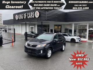 2015 KIA SORENTO LX AWDHEATED SEATS, PARKING SENSORS, BLUETOOTH, A/C, AUX/USB, POWER OPTIONS, CRUISE CONTROL, TRACTION CONTROL, AWD LOCK, ECO MODE, ALLOY WHEELSAVAILABLE WARRANTY OPTIONSCALL US TODAY FOR MORE INFORMATION604 533 4499 OR TEXT US AT 604 360 0123GO TO KINGOFCARSBC.COM AND APPLY FOR A FREE-------- PRE APPROVAL -------STOCK # P215011PLUS ADMINISTRATION FEE OF $895 AND TAXESDEALER # 31301all finance options are subject to ....oac...