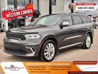 2021 DODGE DURANGO CITADEL AWD for Sale in Saskatoon, SK 2021 Dodge Durango Citadel 133,900 KM 1C4RDJEG3MC850149 <br/> ONE OWNER <br/> FULLY LOADED <br/> LEATHER <br/> BACKUP CAM <br/> Welcome to North Point Auto Sales, your trusted source for high-quality vehicles and outstanding customer service. Discover the 2021 Dodge Durango Citadel AWD, a sophisticated and powerful SUV that delivers exceptional performance, luxury, and advanced features. <br/> <br/>  <br/> Key Features: <br/> - **All-Wheel Drive Capability**: Navigate any road condition with confidence, thanks to the advanced AWD system, ensuring superior traction and control. <br/> - **Luxurious Interior**: Enjoy a refined cabin with Nappa leather-trimmed seats, heated and ventilated front seats, heated second-row seats, and a power sunroof. <br/> - **Advanced Technology**: Stay connected with the Uconnect 5 NAV system, featuring a 10.1-inch touchscreen, Apple CarPlay, Android Auto, navigation, and a premium Harman Kardon sound system. <br/> - **Powerful Performance**: Experience robust performance with the 3.6L V6 engine, delivering 295 horsepower and 260 lb-ft of torque, perfect for both daily commutes and long road trips. <br/> - **Safety First**: Drive with peace of mind thanks to advanced safety features such as adaptive cruise control, blind-spot monitoring, forward collision warning, and a rearview camera with park assist. <br/> - **Spacious and Versatile**: Accommodate up to seven passengers comfortably with ample cargo space and flexible seating configurations, making every journey enjoyable. <br/> <br/>  <br/> At North Point Auto Sales, we understand the importance of flexible financing options. Thats why we offer: <br/> <br/>  <br/> In-House Financing**: Our dedicated finance team is here to assist you in securing hassle-free financing options tailored to your specific needs. <br/> <br/>  <br/> Customized Financing Solutions**: Whether you have excellent credit, poor credit, or no credit history, well work with you to find a financing plan that fits your budget and lifestyle. <br/> <br/>  <br/> New to Canada Program**: We proudly support newcomers to Canada with special financing programs, making vehicle ownership more accessible. <br/> <br/>  <br/> Free Delivery Across Western Canada**: Enjoy the convenience of having your 2021 Dodge Durango Citadel AWD delivered directly to your doorstep, free of charge, anywhere in Western Canada. <br/> <br/>  <br/> Experience the perfect blend of luxury, performance, and convenience at North Point Auto Sales. Visit us today to test drive the 2021 Dodge Durango Citadel AWD and discover why were your preferred choice for exceptional vehicles and customer service. <br/> <br/>  <br/> #NorthPointAutoSales #DodgeDurango #CitadelAWD #LuxurySUV #InHouseFinancing #CustomizedOptions #NewToCanada #FreeDelivery #WesternCanada #QualityVehicles #ExceptionalService <br/> <br/>  <br/> <br/>  <br/> <br/>  <br/> Our Lending Partners - https://www.northpointautosales.ca/finance-department/ <br/> <br/>  <br/>  PRE-OWNED VEHICLE EXTENDED WARRANTY & INSURANCE <br/>  <br/> At North Point Auto Sales in Saskatoon, we provide comprehensive pre-owned vehicle extended warranty coverage to ensure your peace of mind. Powered by SAL Warranty, our services include protection against mechanical breakdowns and extended manufacturer warranty coverage, including bumper-to-bumper. We also offer Guaranteed Auto Protection (GAP Insurance) and Credit Insurance (CAP Insurance). Learn more about our services at IA SAL https://iadealerservices.ca/insurance-and-warranty. <br/> Our services include: <br/> Creditor Group Insurance <br/> Extended Warranty <br/> Replacement Insurance and Warranty <br/> Appearance Protection <br/> Traceable Theft Deterrent <br/> Guaranteed Asset Protection <br/> Original Equipment Manufacturer (OEM) Programs <br/> Choose North Point Auto Sales for reliable pre-owned vehicle warranties and protection plans in Saskatoon. We ensure you drive with confidence, knowing your investment is secure. <br/> <br/>  <br/>  STOCK # PP2468 <br/> Looking for a used car Financing in Saskatoon?    GET PRE APPROVED ONLINE TODAY!   <br/> ****** IN HOUSE FINANCING AVAILABLE ******* <br/> Over 25 lending partners on site <br/> In House Financing https://creditmaxx.ca/ <br/> Free Delivery anywhere in Western Canada <br/> Full Vehicle History Disclosure <br/> Dealer Exclusive Financing Incentives(O.A.C) <br/> We Take anything on Trade  Powersports , Boats, RV. <br/> This vehicle qualifies for Special Low % Financing <br/> NORTH POINT AUTO SALES in Saskatoon. <br/> Call or Text Fernando (639) 471-1839 (General Manager) <br/>             <br/>            www.northpointautosales.ca  <br/> *Conditions Apply. Contact Dealer for Details.  <br/> Looking for the best selection of quality used cars in Saskatoon? Look no further than North Point Auto Sales! Our extensive inventory features a diverse range of meticulously inspected vehicles, ensuring you get the reliable and safe ride you deserve. At North Point, we believe in transparent and fair pricing. Our competitive prices reflect the true value of our vehicles, giving you peace of mind that youre making a smart investment. What sets us apart is our dedicated team of automotive experts. With years of experience, theyre passionate about helping you find the perfect vehicle that fits your lifestyle and budget. Plus, we work with a network of trusted lenders to provide you with flexible financing options. We take pride in our commitment to customer satisfaction. Our service doesnt end after the sale. Were here to support you with any questions or concerns, ensuring you have a seamless ownership experience. Located right here in Saskatoon, we understand the unique needs of the local community. Our deep knowledge of the market allows us to provide you with the best possible service. Visit us today at 102 Apex Street, Saskatoon, SK and experience the North Point Auto Sales difference for yourself. Drive away in a vehicle youll love, knowing you made the right choice with North Point! <br/>