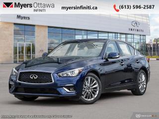 <b>Sunroof,  Remote Start,  Bose Performance Audio,  Power Liftgate,  Heated Seats!</b><br> <br> <br> <br>  This 2024 Infiniti Q50 promises a smooth and satisfying powertrain, great outward visibility, and gorgeous bodywork. <br> <br>This gorgeous Infiniti Q50 is a meticulously engineered sports sedan, built with fun and comfort in mind. Impressive technology, adequate ergonomics and stellar dynamics make this Q50 a strong contender in this competitive vehicle class. Also bundled with cutting edge driver-assistive and safety systems, this 2024 Infiniti Q50 checks all the boxes and remains a desirable and versatile sports sedan.<br> <br> This grand blue sedan  has an automatic transmission and is powered by a  300HP 3.0L V6 Cylinder Engine.<br> <br> Our Q50s trim level is LUXE. This Q50 has all the cool tech you need with Infiniti InTouch dual display infotainment with wireless Apple CarPlay and Android Auto, Siri EyesFree, Bluetooth hands free phone assistant, Wi-Fi, and streaming audio. Convenience features include heated seats and steering wheel, power liftgate, synthetic leather upholstery, and forward emergency braking. The exterior features chrome exhaust tips, alloy wheels, chrome trim and grille, rain sensing wipers, automatic LED lighting with fog lamps, and stylish perimeter approach lights. This Luxe trim adds a sunroof, Bose Performance Audio, distance pacing, remote start, parking sensors, blind spot warning, and a 360 degree parking camera. This vehicle has been upgraded with the following features: Sunroof,  Remote Start,  Bose Performance Audio,  Power Liftgate,  Heated Seats,  Heated Steering Wheel,  Android Auto. <br><br> <br>To apply right now for financing use this link : <a href=https://www.myersinfiniti.ca/finance/ target=_blank>https://www.myersinfiniti.ca/finance/</a><br><br> <br/>    0% financing for 36 months. 3.99% financing for 84 months. <br> Buy this vehicle now for the lowest bi-weekly payment of <b>$407.64</b> with $0 down for 84 months @ 3.99% APR O.A.C. ( taxes included, $821  and licensing fees    ).  Incentives expire 2024-07-02.  See dealer for details. <br> <br><br> Come by and check out our fleet of 40+ used cars and trucks and 90+ new cars and trucks for sale in Ottawa.  o~o