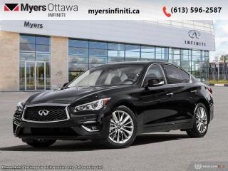 <b>Sunroof,  Remote Start,  Bose Performance Audio,  Power Liftgate,  Heated Seats!</b><br> <br> <br> <br>  Compared with other contemporary sports sedans, this 2024 Infiniti Q50 leaves little to be desired. <br> <br>This gorgeous Infiniti Q50 is a meticulously engineered sports sedan, built with fun and comfort in mind. Impressive technology, adequate ergonomics and stellar dynamics make this Q50 a strong contender in this competitive vehicle class. Also bundled with cutting edge driver-assistive and safety systems, this 2024 Infiniti Q50 checks all the boxes and remains a desirable and versatile sports sedan.<br> <br> This midnight black sedan  has an automatic transmission and is powered by a  300HP 3.0L V6 Cylinder Engine.<br> <br> Our Q50s trim level is LUXE. This Q50 has all the cool tech you need with Infiniti InTouch dual display infotainment with wireless Apple CarPlay and Android Auto, Siri EyesFree, Bluetooth hands free phone assistant, Wi-Fi, and streaming audio. Convenience features include heated seats and steering wheel, power liftgate, synthetic leather upholstery, and forward emergency braking. The exterior features chrome exhaust tips, alloy wheels, chrome trim and grille, rain sensing wipers, automatic LED lighting with fog lamps, and stylish perimeter approach lights. This Luxe trim adds a sunroof, Bose Performance Audio, distance pacing, remote start, parking sensors, blind spot warning, and a 360 degree parking camera. This vehicle has been upgraded with the following features: Sunroof,  Remote Start,  Bose Performance Audio,  Power Liftgate,  Heated Seats,  Heated Steering Wheel,  Android Auto. <br><br> <br>To apply right now for financing use this link : <a href=https://www.myersinfiniti.ca/finance/ target=_blank>https://www.myersinfiniti.ca/finance/</a><br><br> <br/>    0% financing for 36 months. 3.99% financing for 84 months. <br> Buy this vehicle now for the lowest bi-weekly payment of <b>$407.64</b> with $0 down for 84 months @ 3.99% APR O.A.C. ( taxes included, $821  and licensing fees    ).  Incentives expire 2024-07-02.  See dealer for details. <br> <br><br> Come by and check out our fleet of 40+ used cars and trucks and 90+ new cars and trucks for sale in Ottawa.  o~o