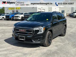 <b>Leather Seats,  Power Liftgate,  Remote Start,  Aluminum Wheels,  Lane Keep Assist!</b><br> <br>    With a distinct design and effortless capability, this 2023 GMC Terrain epitomizes genuine everyday usability. This  2023 GMC Terrain is fresh on our lot in Orleans. <br> <br>From endless details that drastically improve this SUVs usability, to striking style and amazing capability, this 2023 Terrain is exactly what you expect from a GMC SUV. The interior has a clean design, with upscale materials like soft-touch surfaces and premium trim. Quiet, spacious and comfortable, this Terrain is exactly what youd expect from an extremely versatile  SUV. For the next step in the evolution of the crossover and small SUV segment, dont miss this GMC Terrain.This  SUV has 27,648 kms. Its  black in colour  . It has an automatic transmission and is powered by a  175HP 1.5L 4 Cylinder Engine. <br> <br> Our Terrains trim level is AT4. Upgrading to this off-road ready Terrain AT4 is an awesome decision as it comes loaded with leather front seats with memory settings, a large colour touchscreen infotainment system featuring wireless Apple CarPlay, Android Auto and SiriusXM plus its also 4G LTE hotspot capable. This Terrain AT4 also includes an off-road skid plate, dark exterior accents, gloss black aluminum wheels and exclusive interior accents, power rear liftgate, a leather-wrapped steering wheel, Teen Driver technology, a remote engine starter, an HD rear vision camera, lane keep assist with lane departure warning, forward collision alert, LED signature lighting, StabiliTrak with hill descent control, power driver and passenger seats and a 60/40 split-folding rear seat to make hauling large items a breeze. This vehicle has been upgraded with the following features: Leather Seats,  Power Liftgate,  Remote Start,  Aluminum Wheels,  Lane Keep Assist,  Forward Collision Alert,  Rear View Camera. <br> <br>To apply right now for financing use this link : <a href=https://www.myersorleansgm.ca/FinancePreQualForm target=_blank>https://www.myersorleansgm.ca/FinancePreQualForm</a><br><br> <br/><br> Buy this vehicle now for the lowest bi-weekly payment of <b>$242.85</b> with $0 down for 96 months @ 9.99% APR O.A.C. ( Plus applicable taxes -  Plus applicable fees   ).  See dealer for details. <br> <br>*MYERS LIFETIME ENGINE AND TRANSMISSION COVERAGE CERTIFICATE NOT AVAILABLE ON VEHICLES WITH KMS EXCEEDING 140,000KM, VEHICLES 8 YEARS & OLDER, OR HIGHLINE BRAND VEHICLE(eg. BMW, INFINITI. CADILLAC, LEXUS...)<br> Come by and check out our fleet of 40+ used cars and trucks and 200+ new cars and trucks for sale in Orleans.  o~o
