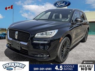 Infinite Black Metallic Clearcoat 2022 Lincoln Corsair Reserve 201A 201A 4D Sport Utility 2.0L I4 8-Speed Automatic AWD 3.81 Axle Ratio, 360-Degree Camera w/Front & Rear Camera Washer, Active Park Assist 2.0, Additional Rear USB Ports (Types A & C), Air Conditioning, Alloy wheels, AM/FM radio: SiriusXM, Auto High-beam Headlights, Body-Colour Front & Rear Bumpers, Body-Colour Grille, Body-Colour Rocker Panel, Delay-off headlights, Driver door bin, Driver vanity mirror, Elements Package, Equipment Group 201A, Evasive Steering Assist, Forward/Side/Rear Parking Sensors, Front dual zone A/C, Front LED Fog Lamps, Fully automatic headlights, Hands Free Power Liftgate, Head-Up Display, Heated Rear Seat, Heated Steering Wheel, Intelligent Adaptive Cruise Control, Jewelled LED Headlamps w/Dynamic/Static Bending, Lincoln Co-Pilot360 1.5 Plus Package, Lincoln Star Media Bin Light Prem Ambient Lighting, Luxury Package, Monochromatic Colour Badging, Monochromatic Package - Infinite Black, Panoramic Vista Roof w/Power Sunshade, Passenger door bin, Passenger vanity mirror, Perfect Position Seats, Phone As A Key, Power steering, Power windows, Radio: Revel Audio System, Rain Sensing Wipers, Rear window defroster, Remote keyless entry, Reverse Brake Assist, Roof rack: rails only, SiriusXM Radio, Steering wheel memory, Steering wheel mounted audio controls, SYNC 3 Communications & Entertainment System, Technology Package, Variably intermittent wipers, Ventilated Driver & Front Passenger Seats, Wheels: 20 Black Aluminum, Windshield Wiper De-Icer, Wireless Charging Pad.