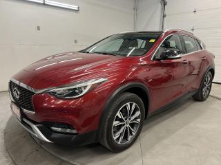 ONLY 61,400 KMS!! STUNNING MAGNETIC RED QX30 ALL-WHEEL DRIVE W/ PREMIUM PACKAGE! Panoramic sunroof, heated leather seats, premium 7-inch touchscreen w/ navigation, backup camera w/ front & rear park sensors, premium 18-inch alloys, power seats w/ memory system, Bose premium audio, rain-sensing wipers, dual-zone climate control, automatic headlights, auto-dimming rearview mirror, garage door opener, leather-wrapped steering wheel, Bluetooth, cruise control and Sirius XM!