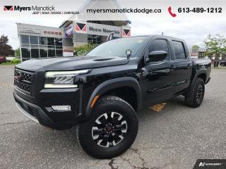 <b>Off-Road Package,  Navigation,  360 Camera,  Heated Seats,  Apple CarPlay!</b><br> <br>  Compare at $46340 - Our Price is just $44990! <br> <br>   With intense trucking capability, and the light size and power to tackle the trails, this 2022 Frontier is your tool and toy all in one. This  2022 Nissan Frontier is for sale today in Manotick. <br> <br>Massive power and massive fun, this 2022 Frontier proves that size isnt everything. Full of fun features for both work and play, along with best-in-class standard horsepower, this 2022 Frontier really is the king of midsize trucks. If you want one truck that can do it all in style and comfort, this 2022 Nissan Frontier is an easy choice.This  Crew Cab 4X4 pickup  has 45,154 kms. Its  black in colour  . It has an automatic transmission and is powered by a  310HP 3.8L V6 Cylinder Engine. <br> <br> Our Frontiers trim level is PRO-4X. This Frontier PRO-4X is fully equipped for work or play with added NissanConnect with navigation and wi-fi, Bilstein shocks, a driver selectable rear locking diff, Class III towing equipment, three skid plates, a spray in bed liner, a rear step bumper, and a 360 degree camera with off-road mode. This midsize truck is an everyday workhorse with Class III towing equipment with sway control, automatic locking hubs, tow hooks, automatic LED headlamps, fog lamps, and two 120V outlets. Stay connected with modern technology features such as touchscreen with voice activation, Apple CarPlay, and Android Auto. Other great features include remote keyless entry and push button start, collision mitigation, lane departure warning, blind spot warning, and distance pacing. This vehicle has been upgraded with the following features: Off-road Package,  Navigation,  360 Camera,  Heated Seats,  Apple Carplay,  Android Auto,  Blind Spot Detection. <br> <br>To apply right now for financing use this link : <a href=https://CreditOnline.dealertrack.ca/Web/Default.aspx?Token=3206df1a-492e-4453-9f18-918b5245c510&Lang=en target=_blank>https://CreditOnline.dealertrack.ca/Web/Default.aspx?Token=3206df1a-492e-4453-9f18-918b5245c510&Lang=en</a><br><br> <br/><br> Buy this vehicle now for the lowest weekly payment of <b>$157.16</b> with $0 down for 96 months @ 9.99% APR O.A.C. ( Plus applicable taxes -  and licensing fees   ).  See dealer for details. <br> <br>If youre looking for a Dodge, Ram, Jeep, and Chrysler dealership in Ottawa that always goes above and beyond for you, visit Myers Manotick Dodge today! Were more than just great cars. We provide the kind of world-class Dodge service experience near Kanata that will make you a Myers customer for life. And with fabulous perks like extended service hours, our 30-day tire price guarantee, the Myers No Charge Engine/Transmission for Life program, and complimentary shuttle service, its no wonder were a top choice for drivers everywhere. Get more with Myers! <br>*LIFETIME ENGINE TRANSMISSION WARRANTY NOT AVAILABLE ON VEHICLES WITH KMS EXCEEDING 140,000KM, VEHICLES 8 YEARS & OLDER, OR HIGHLINE BRAND VEHICLE(eg. BMW, INFINITI. CADILLAC, LEXUS...)<br> Come by and check out our fleet of 30+ used cars and trucks and 90+ new cars and trucks for sale in Manotick.  o~o
