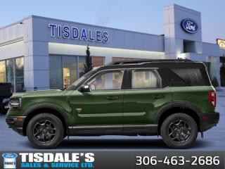 <b>Leather Seats,  Heated Seats, Sunroof, Ford Co-Pilot360 Assist+, Equipment Group 400A!</b><br> <br> <br> <br>Check out the large selection of new Fords at Tisdales today!<br> <br>  Designed for every adventurer, this Bronco Sport gets you out into the wild, and back again. <br> <br>A compact footprint, an iconic name, and modern luxury come together to make this Bronco Sport an instant classic. Whether your next adventure takes you deep into the rugged wilds, or into the rough and rumble city, this Bronco Sport is exactly what you need. With enough cargo space for all of your gear, the capability to get you anywhere, and a manageable footprint, theres nothing quite like this Ford Bronco Sport.<br> <br> This eruption green metallic SUV  has an automatic transmission and is powered by a  250HP 2.0L 4 Cylinder Engine.<br> <br> Our Bronco Sports trim level is Badlands. Rugged and capable, this Bronco Sport Badlands is ready for your next off-road adventure, with beefy off-road suspension, a reinforced undercarriage with 4 skid plates, off-road wheels, and front tow hooks. Also standard include heated seats with SiriusXM streaming radio and exclusive aluminum wheels. This SUV also features a slew of standard infotainment and convenience features, including voice-activated automatic air conditioning, an 8-inch SYNC 3 powered infotainment screen with Apple CarPlay and Android Auto, smart charging USB type-A and type-C ports, 4G LTE mobile hotspot internet access, proximity keyless entry with remote start, and a robust terrain management system that features the trademark Go Over All Terrain (G.O.A.T.) driving modes. Additional features include blind spot detection, rear cross traffic alert and pre-collision assist with automatic emergency braking, lane keeping assist, lane departure warning, forward collision alert, driver monitoring alert, a rear-view camera, 3 12-volt DC and 120-volt AC power outlets, and so much more. This vehicle has been upgraded with the following features: Leather Seats,  Heated Seats, Sunroof, Ford Co-pilot360 Assist+, Equipment Group 400a, Premium Package, Class Ii Trailer Tow Package. <br><br> View the original window sticker for this vehicle with this url <b><a href=http://www.windowsticker.forddirect.com/windowsticker.pdf?vin=3FMCR9D95RRE97457 target=_blank>http://www.windowsticker.forddirect.com/windowsticker.pdf?vin=3FMCR9D95RRE97457</a></b>.<br> <br>To apply right now for financing use this link : <a href=http://www.tisdales.com/shopping-tools/apply-for-credit.html target=_blank>http://www.tisdales.com/shopping-tools/apply-for-credit.html</a><br><br> <br/> Total  cash rebate of $4000 is reflected in the price. Credit includes $4,000 Delivery Allowance.  7.99% financing for 84 months. <br> Buy this vehicle now for the lowest bi-weekly payment of <b>$378.15</b> with $0 down for 84 months @ 7.99% APR O.A.C. ( Plus applicable taxes -  $699 administration fee included in sale price.   ).  Incentives expire 2024-06-25.  See dealer for details. <br> <br>Tisdales is not your standard dealership. Sales consultants are available to discuss what vehicle would best suit the customer and their lifestyle, and if a certain vehicle isnt readily available on the lot, one will be brought in.<br> Come by and check out our fleet of 20+ used cars and trucks and 70+ new cars and trucks for sale in Kindersley.  o~o