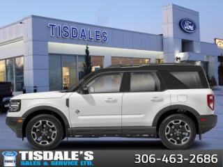 <b>Sunroof, Heated Seats, Ford Co-Pilot360 Assist+, Class II Trailer Tow Package!</b><br> <br> <br> <br>Check out the large selection of new Fords at Tisdales today!<br> <br>  This 2024 Ford Bronco Sport is no rip-off of its bigger brother; its an off road-capable and versatile compact SUV. <br> <br>A compact footprint, an iconic name, and modern luxury come together to make this Bronco Sport an instant classic. Whether your next adventure takes you deep into the rugged wilds, or into the rough and rumble city, this Bronco Sport is exactly what you need. With enough cargo space for all of your gear, the capability to get you anywhere, and a manageable footprint, theres nothing quite like this Ford Bronco Sport.<br> <br> This oxford white SUV  has an automatic transmission and is powered by a  181HP 1.5L 3 Cylinder Engine.<br> <br> Our Bronco Sports trim level is Outer Banks. Ready for the great outdoors, this Bronco Outer Banks features heated leather seats with feature power lumbar adjustment, a heated leather-wrapped steering wheel, SiriusXM streaming radio and exclusive aluminum wheels. Also standard include voice-activated automatic air conditioning, an 8-inch SYNC 3 powered infotainment screen with Apple CarPlay and Android Auto, smart charging USB type-A and type-C ports, 4G LTE mobile hotspot internet access, proximity keyless entry with remote start, and a robust terrain management system that features the trademark Go Over All Terrain (G.O.A.T.) driving modes. Additional features include blind spot detection, rear cross traffic alert and pre-collision assist with automatic emergency braking, lane keeping assist, lane departure warning, forward collision alert, driver monitoring alert, a rear-view camera, 3 12-volt DC and 120-volt AC power outlets, and so much more. This vehicle has been upgraded with the following features: Sunroof, Heated Seats, Ford Co-pilot360 Assist+, Class Ii Trailer Tow Package. <br><br> View the original window sticker for this vehicle with this url <b><a href=http://www.windowsticker.forddirect.com/windowsticker.pdf?vin=3FMCR9C61RRE95390 target=_blank>http://www.windowsticker.forddirect.com/windowsticker.pdf?vin=3FMCR9C61RRE95390</a></b>.<br> <br>To apply right now for financing use this link : <a href=http://www.tisdales.com/shopping-tools/apply-for-credit.html target=_blank>http://www.tisdales.com/shopping-tools/apply-for-credit.html</a><br><br> <br/> Total  cash rebate of $4000 is reflected in the price. Credit includes $4,000 Delivery Allowance.  7.99% financing for 84 months. <br> Buy this vehicle now for the lowest bi-weekly payment of <b>$338.15</b> with $0 down for 84 months @ 7.99% APR O.A.C. ( Plus applicable taxes -  $699 administration fee included in sale price.   ).  Incentives expire 2024-06-25.  See dealer for details. <br> <br>Tisdales is not your standard dealership. Sales consultants are available to discuss what vehicle would best suit the customer and their lifestyle, and if a certain vehicle isnt readily available on the lot, one will be brought in.<br> Come by and check out our fleet of 20+ used cars and trucks and 70+ new cars and trucks for sale in Kindersley.  o~o