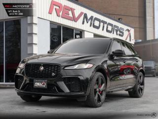 2022 JAGUAR F-PACE SVR | 550HP | PANO ROOF | MERIDIAN SOUND | RED INTERIOR<br/>  <br/> Overview:The 2022 Jaguar F-Pace SVR is not your average luxury SUV. Its a symphony of power, precision, and panache. From the racetrack to the city streets, this beastly machine commands attention and delivers an exhilarating driving experience. Buckle up, because were about to explore what makes the F-Pace SVR roar. <br/> Performance:Under the sculpted hood lies a 5.0-liter supercharged V8 engine that produces an earth-shaking 550 horsepower. It catapults the F-Pace SVR from 0 to 60 mph in a mere 4.1 secondsa feat thatll leave your heart pounding. The all-wheel-drive system ensures grip and stability, whether youre carving corners or conquering snow-covered roads. <br/> Design:The F-Pace SVRs design is a blend of elegance and aggression. Its sleek lines, enlarged air intakes, and quad exhaust tips hint at its performance pedigree. The 21-inch alloy wheels add a touch of menace, while the signature SVR hood vents scream power. Step inside, and youre greeted by premium leather sport seats, carbon fiber accents, and a cockpit that wraps around you like a tailored suit. <br/> Technology:Jaguar doesnt skimp on tech. The 10-inch infotainment touchscreen is your command center, offering navigation, Apple CarPlay, Android Auto, and a crystal-clear Meridian sound system. The heads-up display keeps critical information in your line of sight, so you can focus on the road ahead. <br/> Safety:Safety isnt an afterthought. The F-Pace SVR boasts features like adaptive cruise control, blind-spot monitoring, and emergency braking. Its your guardian angel when youre pushing the limits. <br/> Price:Now, the best part: affordability. Weve priced the 2022 Jaguar F-Pace SVR to make your heart race without breaking the bank. Contact us today to schedule a test drive and experience the symphony of power firsthand. <br/> <br/>  <br/> Santorini Black Exterior | Mars Red Interior | 22 5 Spoke Gloss Black Wheels | 8 Speed Automatic Transmission w/ Tiptronic Control | SVR Headrest Badge | Meridian Sound (1280W) | Garage Door Opener | Navigation | Wireless Charger | Pivi Pro | Sports Leather SVR Steering Wheel | 14-Way Memory Seats | Heated and Cooled Seats | Heated Rear Seats | Head Up Display | LED Premium Headlamps | Ambient Lighting | Adaptive Cruise Control | Advanced Emergence Braking | Lane Keep Assist | Traffic Sign Recognition | Driver Drowsiness Monitor | Blind Spot Assist | 3D Surround Camera | Park Assist (Self Park) | 11.4 Infotainment System | Apple Car Play | Android Auto and Much More! <br/> <br/>  <br/> This Vehicle has travelled 61,473 KMS. <br/> <br/>  <br/> *** NO additional fees except for taxes and licensing! *** <br/> <br/>  <br/> *** 100-point inspection on all our vehicles & always detailed inside and out *** <br/> <br/>  <br/> RevMotors is at your service to ensure you find the right car for YOU. Even if we do not have it in our inventory, we are more than happy to find you the vehicle that you are looking for. Give us a call at 613-791-3000 or visit us online at www.revmotors.ca <br/> <br/>  <br/> a nous donnera du plaisir de vous servir en Franais aussi! <br/> <br/>  <br/> CERTIFICATION * All our vehicles are sold Certified and E-Tested for the province of Ontario (Quebec Safety Available, additional charges may apply) <br/> FINANCING AVAILABLE * RevMotors offers competitive finance rates through many of the major banks. Should you feel like youve had credit issues in the past, we have various financing solutions to get you on the road.  We accept No Credit - New Credit - Bad Credit - Bankruptcy - Students and more!! <br/> EXTENDED WARRANTY * For your peace of mind, if one of our used vehicles is no longer covered under the manufacturers warranty, RevMotors will provide you with a 6 month / 6000KMS Limited Powertrain Warranty. You always have the options to upgrade to more comprehensive coverage as well. Well be more than happy to review the options and chose the coverage thats right for you! <br/> TRADES * Do you have a Trade-in? We offer competitive trade in offers for your current vehicle! <br/> SHIPPING * We can ship anywhere across Canada. Give us a call for a quote and we will be happy to help! <br/> <br/>  <br/> Buy with confidence knowing that we always have your best interests in mind! <br/>