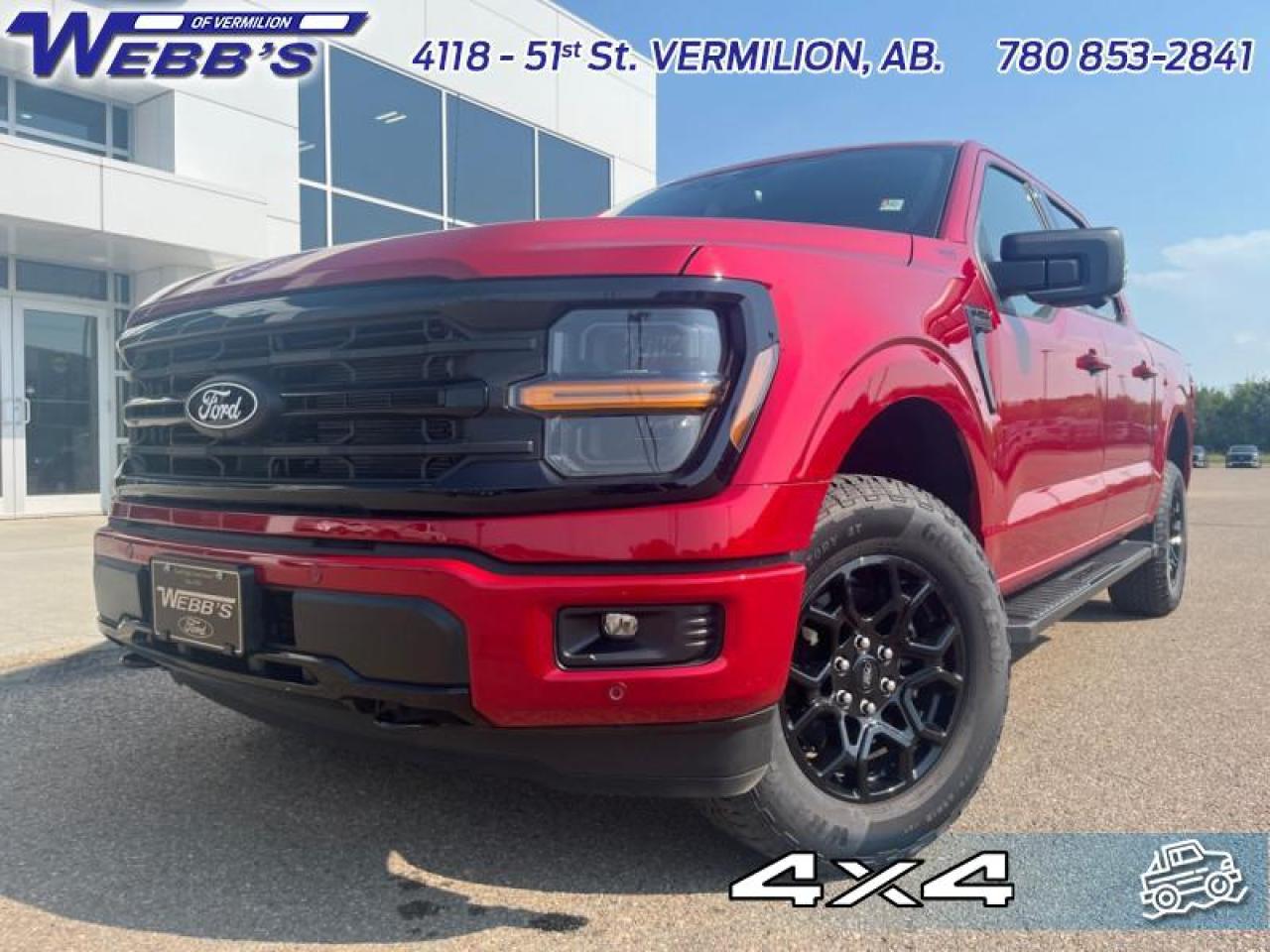 <b>FX4 Off-Road Package, XLT Black Appearance Package, 18 Aluminum Wheels, Tow Package, Power Sliding Rear Window!</b><br> <br> <br> <br>  The Ford F-150 is for those who think a day off is just an opportunity to get more done. <br> <br>Just as you mould, strengthen and adapt to fit your lifestyle, the truck you own should do the same. The Ford F-150 puts productivity, practicality and reliability at the forefront, with a host of convenience and tech features as well as rock-solid build quality, ensuring that all of your day-to-day activities are a breeze. Theres one for the working warrior, the long hauler and the fanatic. No matter who you are and what you do with your truck, F-150 doesnt miss.<br> <br> This rapid red metallic tinted clearcoat Super Crew 4X4 pickup   has a 10 speed automatic transmission and is powered by a  400HP 3.5L V6 Cylinder Engine.<br> This vehicles price also includes $1049 in additional equipment, specifically: <b>heavy duty mud flaps</b>.<br> <br> Our F-150s trim level is XLT. This XLT trim steps things up with running boards, dual-zone climate control and a 360 camera system, along with great standard features such as class IV tow equipment with trailer sway control, remote keyless entry, cargo box lighting, and a 12-inch infotainment screen powered by SYNC 4 featuring voice-activated navigation, SiriusXM satellite radio, Apple CarPlay, Android Auto and FordPass Connect 5G internet hotspot. Safety features also include blind spot detection, lane keep assist with lane departure warning, front and rear collision mitigation and automatic emergency braking. This vehicle has been upgraded with the following features: Fx4 Off-road Package, Xlt Black Appearance Package, 18 Aluminum Wheels, Tow Package, Power Sliding Rear Window, Power Folding Mirrors. <br><br> View the original window sticker for this vehicle with this url <b><a href=http://www.windowsticker.forddirect.com/windowsticker.pdf?vin=1FTFW3L80RKD83127 target=_blank>http://www.windowsticker.forddirect.com/windowsticker.pdf?vin=1FTFW3L80RKD83127</a></b>.<br> <br>To apply right now for financing use this link : <a href=https://www.webbsford.com/financing/ target=_blank>https://www.webbsford.com/financing/</a><br><br> <br/> Total  cash rebate of $8000 is reflected in the price. Credit includes $8,000 Delivery Allowance.  5.99% financing for 84 months. <br> Buy this vehicle now for the lowest bi-weekly payment of <b>$501.96</b> with $0 down for 84 months @ 5.99% APR O.A.C. ( taxes included, $149 documentation fee   / Total cost of borrowing $16804   ).  Incentives expire 2024-12-02.  See dealer for details. <br> <br>Webbs Ford is located at 4118 - 51st Street in beautiful Vermilion, AB. <br/>We offer superior sales and service for our valued customers and are committed to serving our friends and clients with the best services possible. If you are looking to set up a test drive in one of our new Fords or looking to inquire about financing options, please call (780) 853-2841 and speak to one of our professional staff members today.   Vehicle pricing offer shown expire 2024-11-30.  o~o