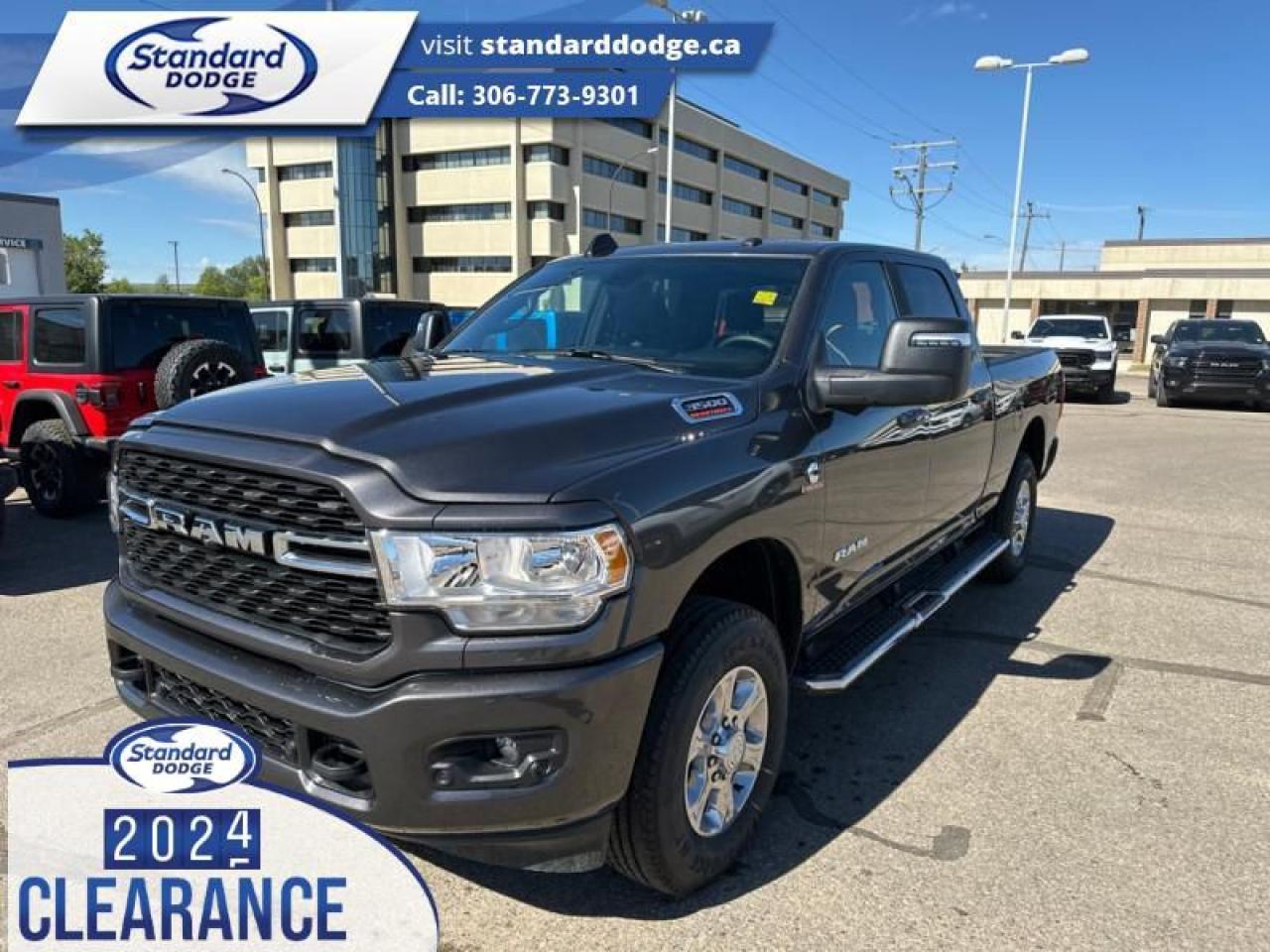 <b>6.7 Cummins HO Turbo Diesel, Heated Seats, Spray in Bedliner, Remote Engine Start, Auto Leveling Rear Air Suspension!</b><br> <br> <br> <br>  This Ram 3500 HD is class-leader in the heavy-duty truck segment thanks to its refined interior, forgiving ride, and tremendous towing and hauling capabilities. Includes 4 x Gatorback Mud Flaps!<br> <br> This granite crystal metallic sought after diesel Crew Cab 4X4 pickup   has a 6 speed automatic transmission and is powered by a Cummins 400HP 6.7L Straight 6 Cylinder Engine.<br> <br> Our 3500s trim level is Big Horn. This Ram 3500 Big Horn comes with stylish aluminum wheels, a leather steering wheel, extremely capable class V towing equipment including a hitch, brake controller, wiring harness and trailer sway control, heavy-duty suspension, cargo box lighting, and a locking tailgate. Additional features include heated and power adjustable side mirrors, UCconnect 3, hands-free phone communication, push button start, cruise control, air conditioning, vinyl floor lining, and a rearview camera. This vehicle has been upgraded with the following features: 6.7 Cummins Ho Turbo Diesel, Heated Seats, Spray In Bedliner, Remote Engine Start, Auto Leveling Rear Air Suspension, Premium Audio, Sport Appearance Package. <br><br> View the original window sticker for this vehicle with this url <b><a href=http://www.chrysler.com/hostd/windowsticker/getWindowStickerPdf.do?vin=3C63R3DL6RG312140 target=_blank>http://www.chrysler.com/hostd/windowsticker/getWindowStickerPdf.do?vin=3C63R3DL6RG312140</a></b>.<br> <br>To apply right now for financing use this link : <a href=https://standarddodge.ca/financing target=_blank>https://standarddodge.ca/financing</a><br><br> <br/><br>* Visit Us Today *Youve earned this - stop by Standard Chrysler Dodge Jeep Ram located at 208 Cheadle St W., Swift Current, SK S9H0B5 to make this car yours today! <br> Pricing may not reflect additional accessories that have been added to the advertised vehicle<br> o~o