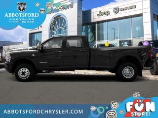 <br> <br>  This Ram 3500 HD is class-leader in the heavy-duty truck segment thanks to its refined interior, forgiving ride, and tremendous towing and hauling capabilities. <br> <br>Endlessly capable, this 2024 Ram 3500HD pulls out all the stops, and has the towing capacity that sets it apart from the competition. On top of its proven Ram toughness, this Ram 3500HD has an ultra-quiet cabin full of amazing tech features that help make your workday more enjoyable. Whether youre in the commercial sector or looking for serious recreational towing rig, this impressive 3500HD is ready for anything that you are.<br> <br> This diamond black crystal pearlcoat sought after diesel Crew Cab 4X4 pickup   has a 6 speed automatic transmission and is powered by a Cummins 400HP 6.7L Straight 6 Cylinder Engine.<br> <br> Our 3500s trim level is Laramie. This incredible Ram 3500 Laramie comes well equipped with class V towing equipment including a hitch, brake controller and trailer sway control, heavy duty suspension, heated and power adjustable side mirrors, front and reverse utility lights, cargo box lighting, and a rear step bumper. On the inside, occupants are treated to heated and power-adjustable front seats with lumbar support, leather upholstery, dual-zone front automatic air conditioning, a leather-wrapped steering wheel, and illuminated front cupholders. Stay connected on the road via an 8.4-inch display powered by Uconnect 5 with GPS navigation, HD radio, Apple CarPlay and Android Auto, Alexa Built-In, SiriusXM streaming radio, trailer tow pages, off-road info pages, and mobile hotspot internet access. Additional features include a 10-speaker Alpine audio system, 115-volt rear auxiliary power outlet, remote engine start, and even more! This vehicle has been upgraded with the following features: 6.7 Cummins Ho Turbo Diesel, Sunroof, Leather Seats, Sport Appearance Package, Top Mounted Cargo View Camera, Clearance Lamps. <br><br> View the original window sticker for this vehicle with this url <b><a href=http://www.chrysler.com/hostd/windowsticker/getWindowStickerPdf.do?vin=3C63R3EL4RG299628 target=_blank>http://www.chrysler.com/hostd/windowsticker/getWindowStickerPdf.do?vin=3C63R3EL4RG299628</a></b>.<br> <br/> See dealer for details. <br> <br>Abbotsford Chrysler, Dodge, Jeep, Ram LTD joined the family-owned Trotman Auto Group LTD in 2010. We are a BBB accredited pre-owned auto dealership.<br><br>Come take this vehicle for a test drive today and see for yourself why we are the dealership with the #1 customer satisfaction in the Fraser Valley.<br><br>Serving the Fraser Valley and our friends in Surrey, Langley and surrounding Lower Mainland areas. Abbotsford Chrysler, Dodge, Jeep, Ram LTD carry premium used cars, competitively priced for todays market. If you don not find what you are looking for in our inventory, just ask, and we will do our best to fulfill your needs. Drive down to the Abbotsford Auto Mall or view our inventory at https://www.abbotsfordchrysler.com/used/.<br><br>*All Sales are subject to Taxes and Fees. The second key, floor mats, and owners manual may not be available on all pre-owned vehicles.Documentation Fee $699.00, Fuel Surcharge: $179.00 (electric vehicles excluded), Finance Placement Fee: $500.00 (if applicable)<br> Come by and check out our fleet of 90+ used cars and trucks and 100+ new cars and trucks for sale in Abbotsford.  o~o