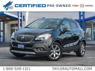 <b>Leather Seats,  Bluetooth,  Heated Seats,  Heated Steering Wheel,  Memory Seats!</b><br> <br>    Thanks to its quiet cabin, user-friendly technology features, and truly compact size, the Buick Encore is worth a look if other crossover SUVs seem too large. This  2014 Buick Encore is fresh on our lot in Kingston. <br> <br>The Buick Encore is a premium compact crossover SUV that offers the functionality you want and the fuel savings you need. It gives you a quiet, comfortable ride and a long list of technology and safety features that make it an excellent choice for the smaller family on the go. This  SUV has 123,444 kms. Its  nice in colour  . It has an automatic transmission and is powered by a  138HP 1.4L 4 Cylinder Engine.   This vehicle has been upgraded with the following features: Leather Seats,  Bluetooth,  Heated Seats,  Heated Steering Wheel,  Memory Seats,  Rear Camera,  Remote Start. <br> <br>To apply right now for financing use this link : <a href=https://www.taylorautomall.com/finance/apply-for-financing/ target=_blank>https://www.taylorautomall.com/finance/apply-for-financing/</a><br><br> <br/><br> Buy this vehicle now for the lowest bi-weekly payment of <b>$153.60</b> with $0 down for 72 months @ 9.99% APR O.A.C. ( Plus applicable taxes -  Plus applicable fees   / Total Obligation of $23961  ).  See dealer for details. <br> <br>For more information, please call any of our knowledgeable used vehicle staff at (613) 549-1311!<br><br> Come by and check out our fleet of 80+ used cars and trucks and 130+ new cars and trucks for sale in Kingston.  o~o