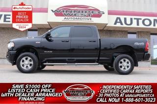 SALE PRICE: $54,800. **ASK US HOW TO SAVE $1000 OFF THE SALE PRICE WITH DEALER ARRANGED FINANCING O.A.C.** PLUS PST/GST. NO ADMINISTRATION FEES!! 

DONT MISS OUT ON THIS HARD-TO-FIND 2022 RAM 2500 BIG HORN SPORT OFF ROAD 4X4 EDITION FINISHED IN DIAMOND BLACK CRYSTAL METALLIC. STILL SHOWS LIKE NEW , VERY WELL EQUIPPED & READY TO GO, 2022 RAM 2500 BIG HORN SPORT OFF ROAD 4X4 EDITION 6.4L HEMI V8 WITH MDS AND THE NEW 8-SPEED AUTO TRANSMISSION, 4X4. IT HAS GREAT OPTIONS, GREAT LOOKS AND IS  READY FOR WORK OR PLAY!!!

- 6.4L HEMI V8 Engine 410 hp/429lb-ft of torque (with fuel saver MDS) 
- 8 Speed automatic 
- Auto 4x4 with 2 stage transfer case 
- Ready Alert Braking
- Hill Start Assist
- Electronic Stability Control
- Traction Control
- Power 6 Passenger seating with large folding center console 
- Heated Front seat and Steering Wheel
- Power Pedals
- BIG HORN Level C Decor & option Group
- Steering wheel mounted audio controls
- Uconnect 5 with 8.4in display multi Media center
- Google Android Auto/ Apple CarPlay capable
- Bluetooth Handsfree phone and audio
- 4G LTE WiFi hot spot
- Premium audio with AUX & dual USB input
- ParkView Rear BackUp Camera
- Remote keyless entry
- Factory Keyless-Go push button start
- Factory remote Start
- Fold Flat rear Floor with storage bins and in-floor storage bins
- Factory HD Tow package 
- Trailer brake controller 
- Folding & heated towing mirrors  
- Trailer Light Check
- Electronic Roll Mitigation
- Trailer Sway Control
- ParkSense Front and Rear Park Assist System
- Locking tailgate
- Front heavy duty shock absorbers
- Rear heavy duty shock absorbers
- Sport Appearance Package (Painted to match bumpers, grill, handles and more)
- OffRoad Group with Hill Descent Control, Decals and Tow Hooks
- Transfer Case Skid Plate Shield
- Tow hooks / Fog lights
- Factory Spray-In Box Liner
- Factory HD Side Steps
- Sport Aluminum wheels riding on Goodyear Wrangler tires
- Read below for more information. 

HARD TO FIND EQUIPPED LIKE THIS ONE - EXCEPTIONALLY SHARP & CLEAN WESTERN CANADIAN TRUCK, VERY WELL-EQUIPPED NEW GENERATION 2022 RAM 3500 BIG HORN SPORT OFF ROAD 4X4 EDITION CREW CAB 6.4L HEMI V8 with MDS Fuelsaver and the all new 8-Speed HD Transmission, 4x4 with LOTS of options and extras. Shows near new and is extra sharp in all respects with well cared for kilometers. The 6.4L Hemi V8 produces 410 Horsepower/429 Pound-Feet of torque matched to the new HD 8-speed automatic transmission and auto 4X4 with 2 stage transfer case. Loaded with features and options including the Big Horn Level C Decor Group along with power Heated 6 Passenger seating with large folding center console, Heated Steering wheel, Large  touchscreen Multimedia center, AUX & dual USB input, Hands-free communication with Bluetooth phone and audio streaming, 3.5 inch Multi Functioning gauge cluster, steering wheel mounted audio controls, push button start, Factory remote start, Factory HD Tow Package, Factory Trailer Brake Controller, Folding and heated Flip-out tow mirrors, Sport appearance package, Tow hooks, Spray-in Box liner, Sport Aluminum Alloy wheels and so much more!

Comes with a fresh Manitoba Safety Certification, A Clean, No Accident Western Canadian CarFax history report, the remaining Chrysler Canada factory warranty and we have many unlimited KM warranty options available to choose from. ON SALE NOW (HUGE VALUE!!!) Zero down financing available OAC. Please see dealer for details. Trades accepted. View at Winnipeg West Automotive Group, 5195 Portage Ave. Dealer permit # 4365, Call now 1 (888) 601-3023
